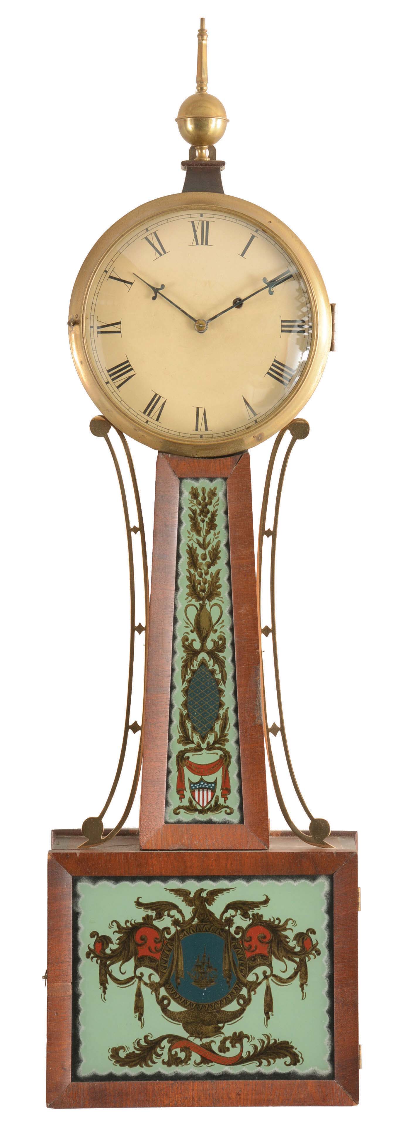 Attributed to David Williams, Newport, Rhode Island, 8 day, weight brass movement patent or banjo timepiece. — Antique Clocks Price Guide