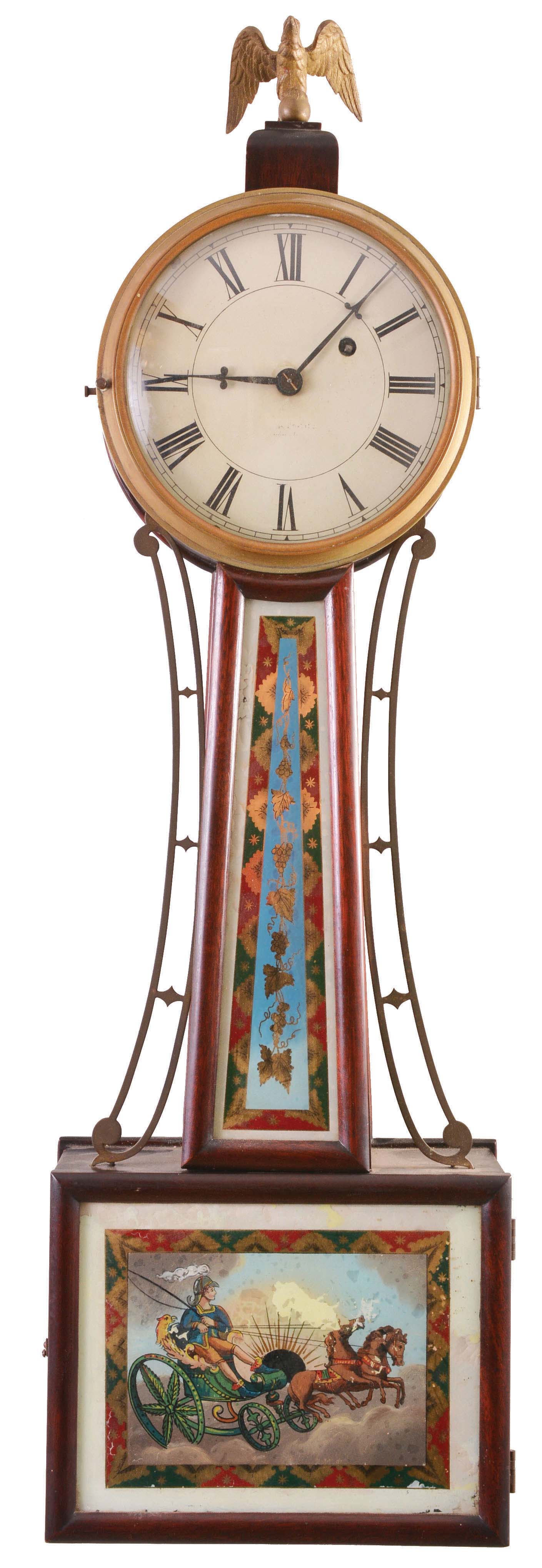 Herschede Clock Co., Cincinnati, Ohio, banjo clock retailed by Tiffany & Co., New York, 8 day, time only, weight driven movement in a mahogany case with a painted metal dial and reverse painted throat and lower tablets — Antique Clocks Price Guide