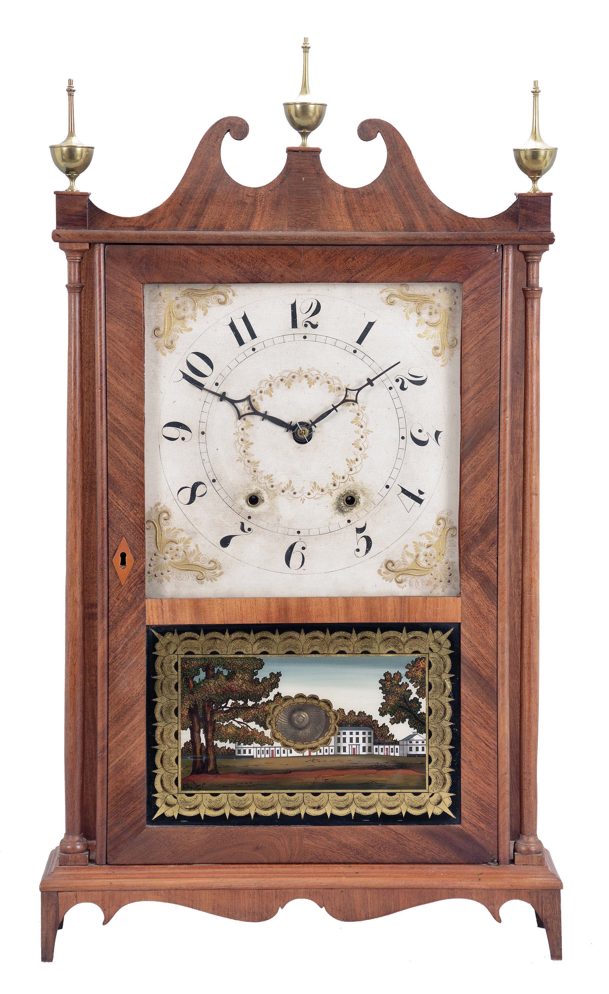 Bishop & Bradley, Watertown, Conn., 30 hour, time and strike, weight wood movement pillar and scroll shelf clock. — Antique Clocks Price Guide