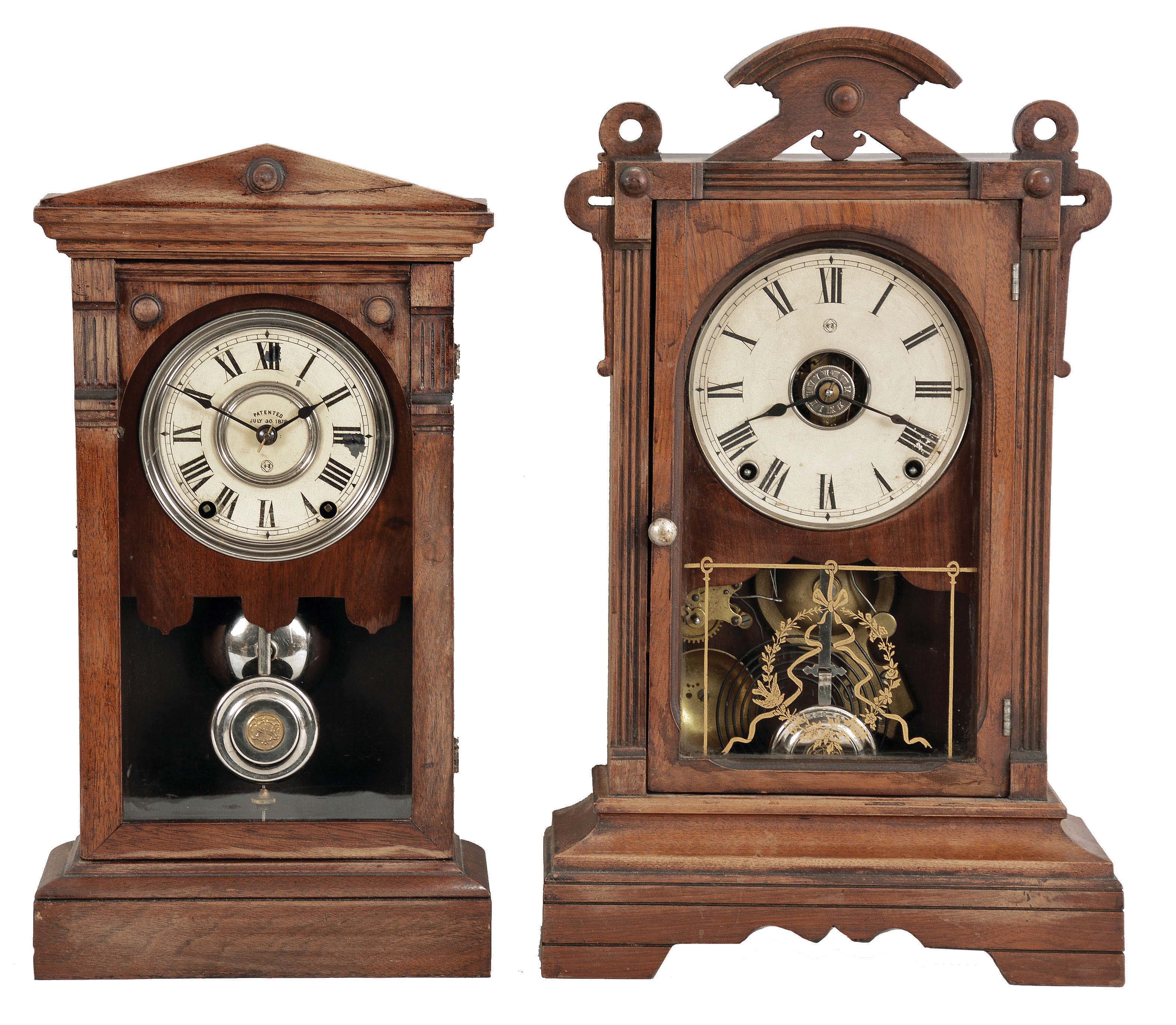 Clocks- 2 (Two): (1) Seth Thomas Clock Co., Thomaston, Conn., "Athens" shelf clock with a spring driven, 8 day, time and strike movement in a walnut case, c1890. (2) Seth Thomas Clock Co., Thomaston, Conn., "Norfolk" shelf clock with a spring driven, 8 day, time, strike and alarm movement in a walnut case, c1886. — Antique Clocks Price Guide