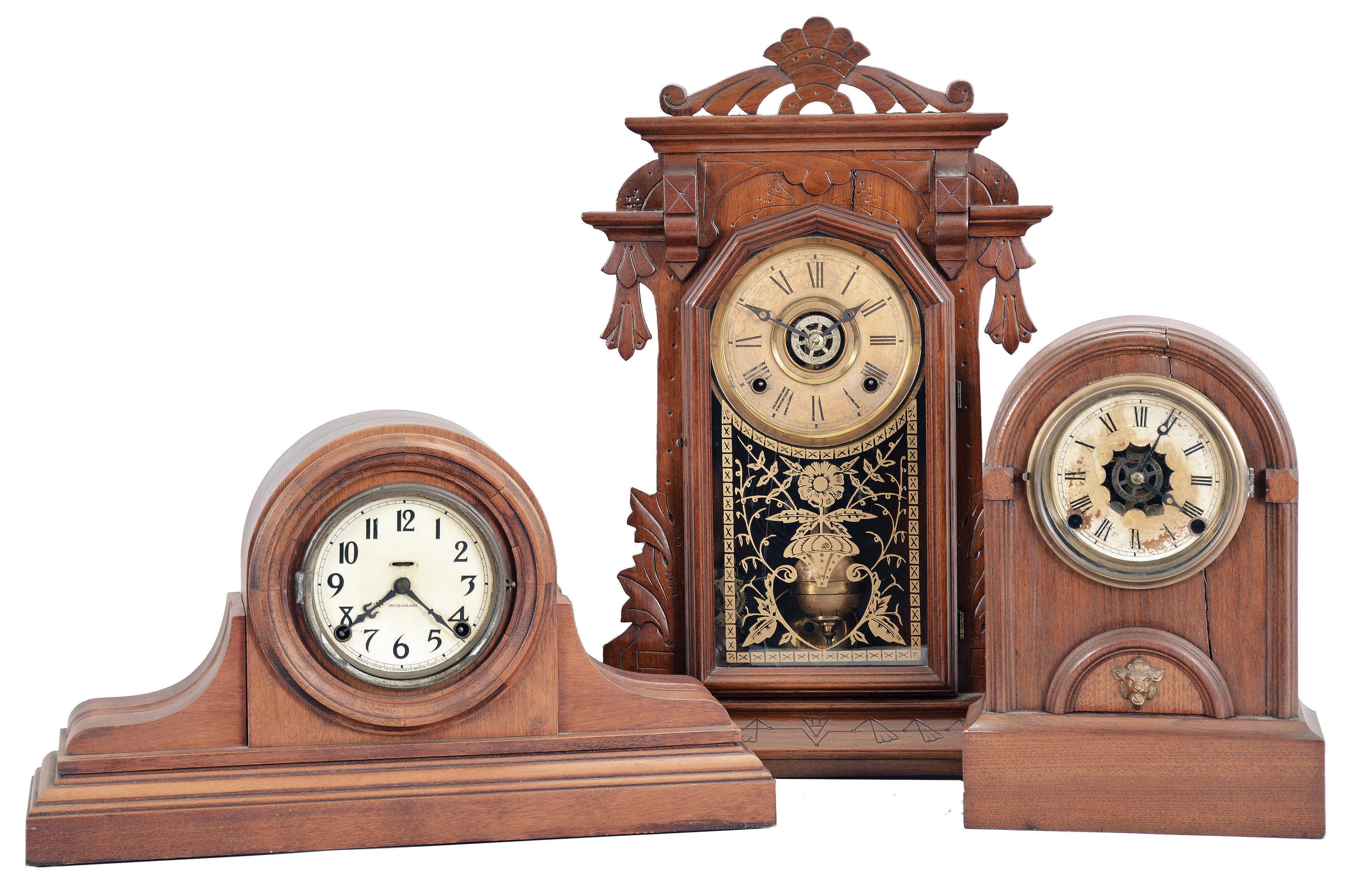 Clocks- 3 (Three): (1) E. Ingraham & Co., Bristol, Conn., "Nomad", 8 day, time and strike, spring brass movement Cabinet mantel clock, c1915 (2) E. Ingraham & Co., Bristol, Conn., "Crayon", 8 day, time, strike and alarm spring brass movement shelf clock, c1886 (3) F. Kroeber Clock Co., New York, "Round Top", 8 day, time, strike and alarm spring brass movement mantel clock. — Antique Clocks Price Guide