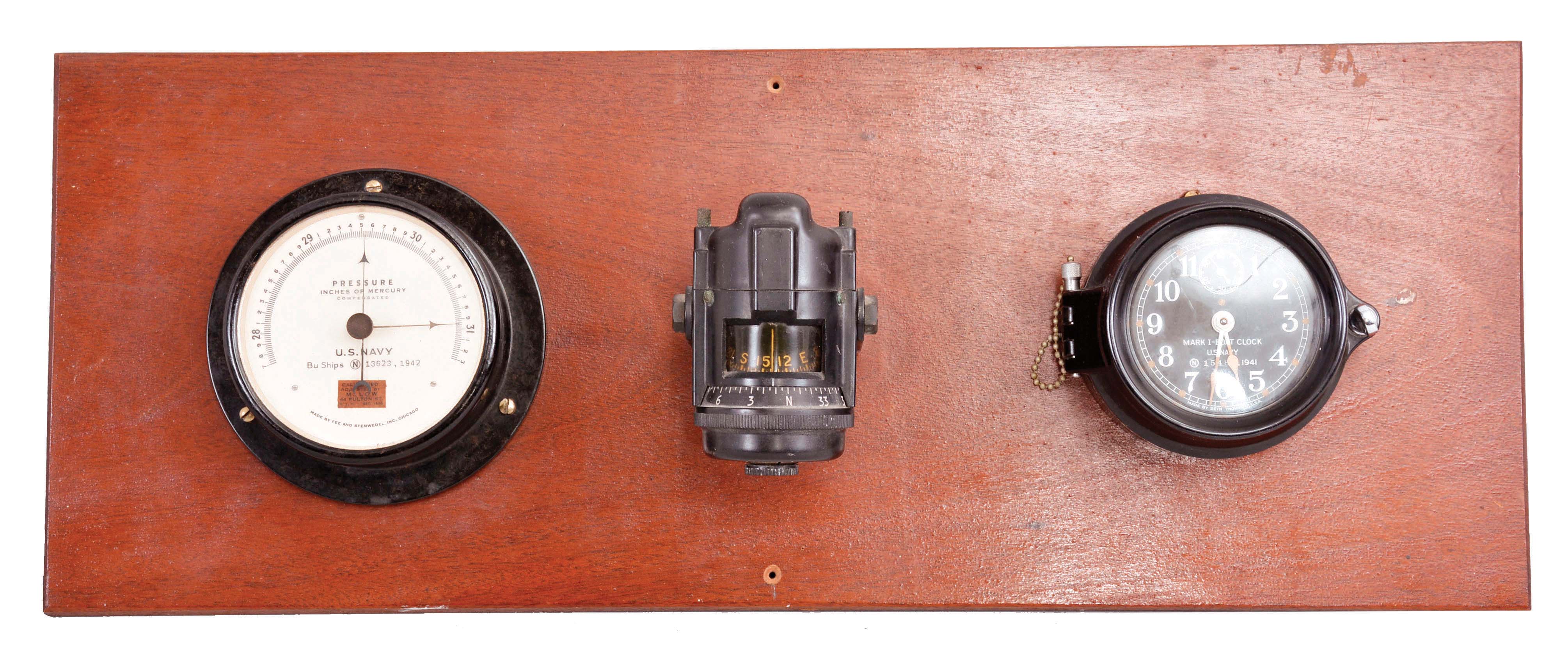 Seth Thomas Clock Co., Thomaston, Conn., "Mark-I Boat Clock", 8 day, time only, spring driven movement with rear wind in a black phenolic case with 3.5 inch black dial reading "U.S. Navy / 15485, 1941". The clock is mounted to a mahogany board with a barometer made by Fee & Stemwedel, dated 1942 and a compass made by Sherrill Research Corporation. — Antique Clocks Price Guide