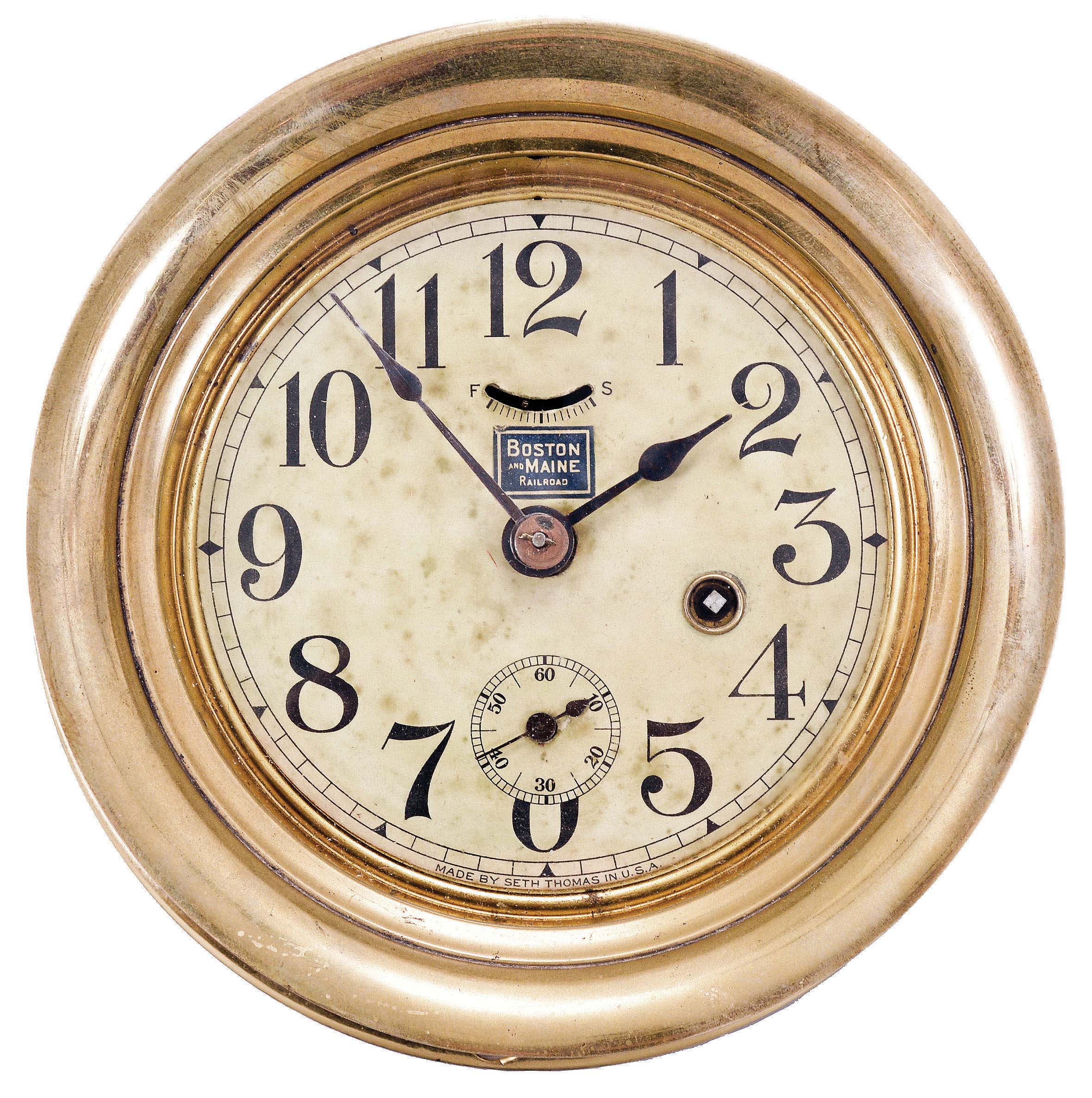 Seth Thomas Clock Co., Thomaston, Conn., "Chronometer Lever", 8 day, spring lever brass movement brass marine clock with the label of the Boston and Maine Railroad. — Antique Clocks Price Guide