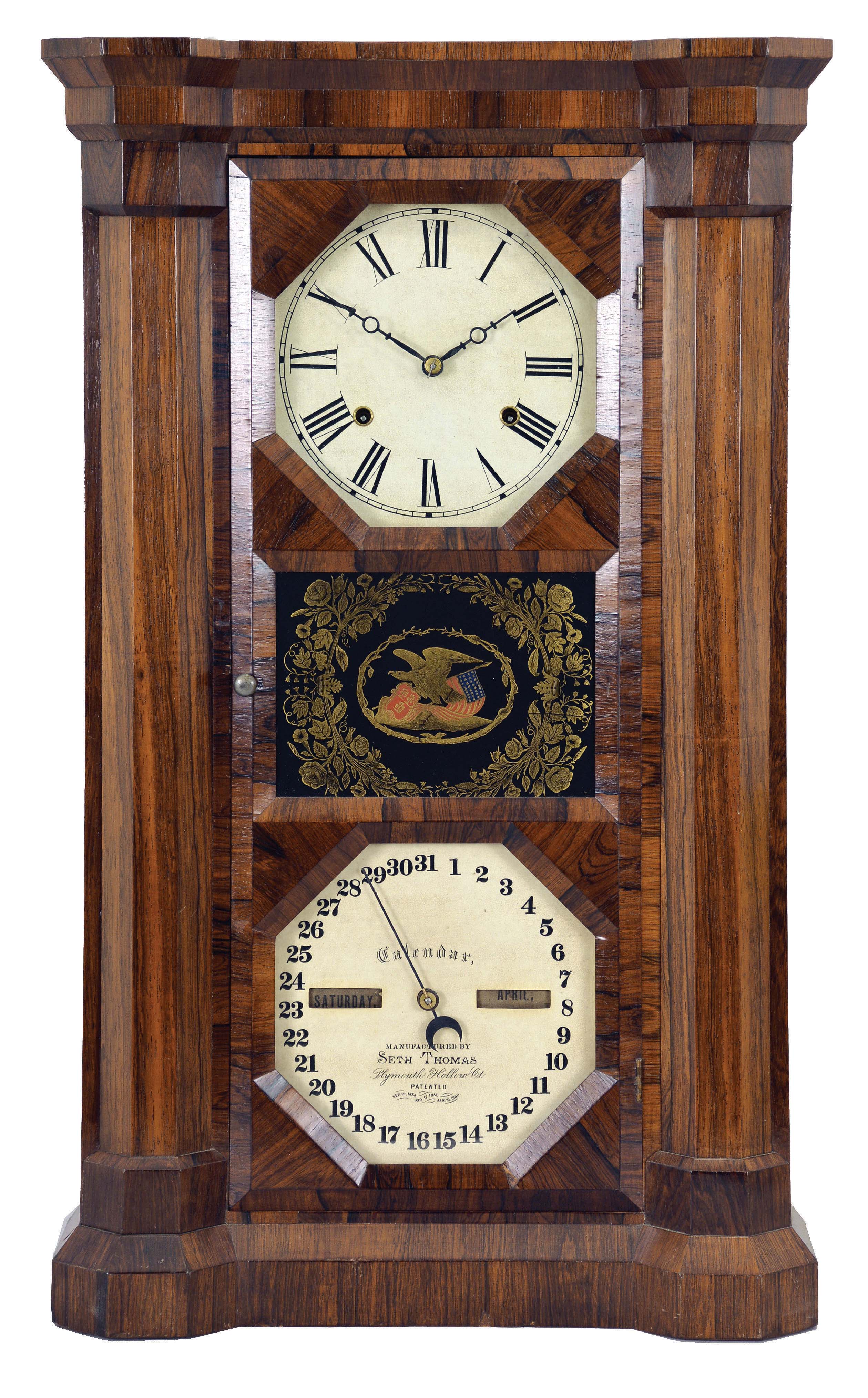 Seth Thomas Clock Co., Plymouth Hollow, Conn., "Parlor Calendar" shelf clock with a weight driven, 8 day, time and strike movement and a Mix Brothers perpetual calendar mechanism in a rosewood veneered case. — Antique Clocks Price Guide