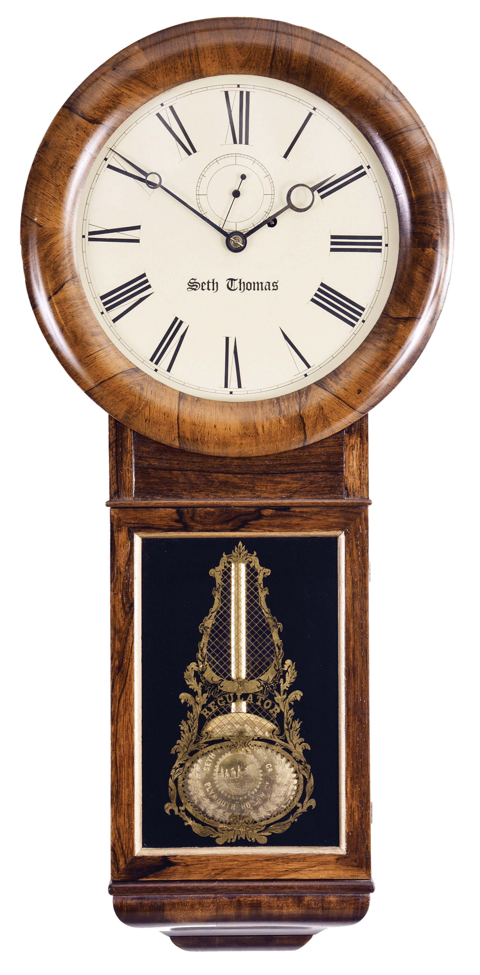 Seth Thomas Clock Co., Plymouth Hollow, Conn., "Regulator No. 1" hanging clock with a weight driven, 8 day, timepiece movement in a rosewood veneered case. — Antique Clocks Price Guide