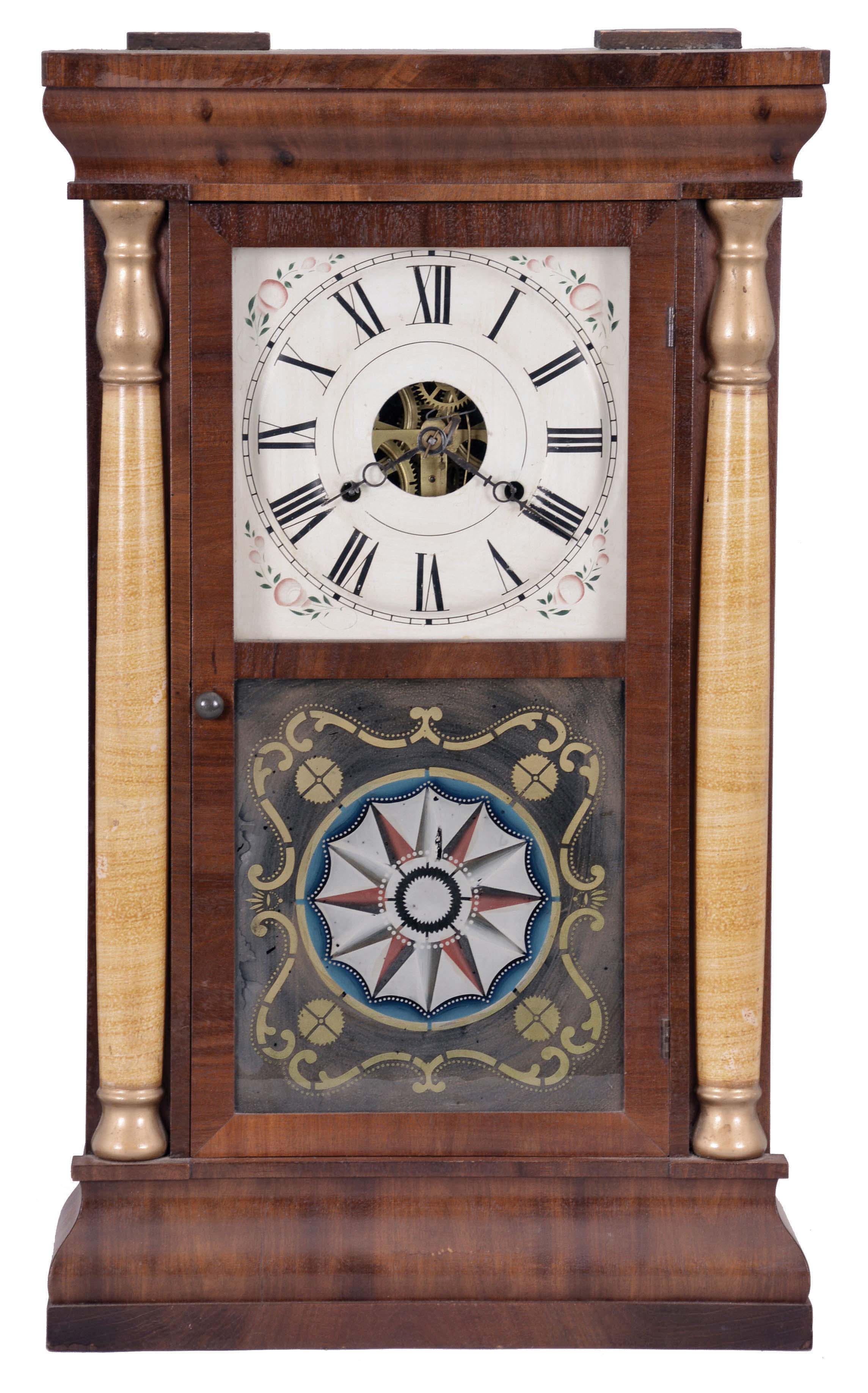 Seth Thomas Clock Co., Plymouth Hollow, Conn., "Column" shelf clock with a weight driven, 30 hour, time and strike movement in a mahogany veneered case with shell columns and gilt caps. — Antique Clocks Price Guide