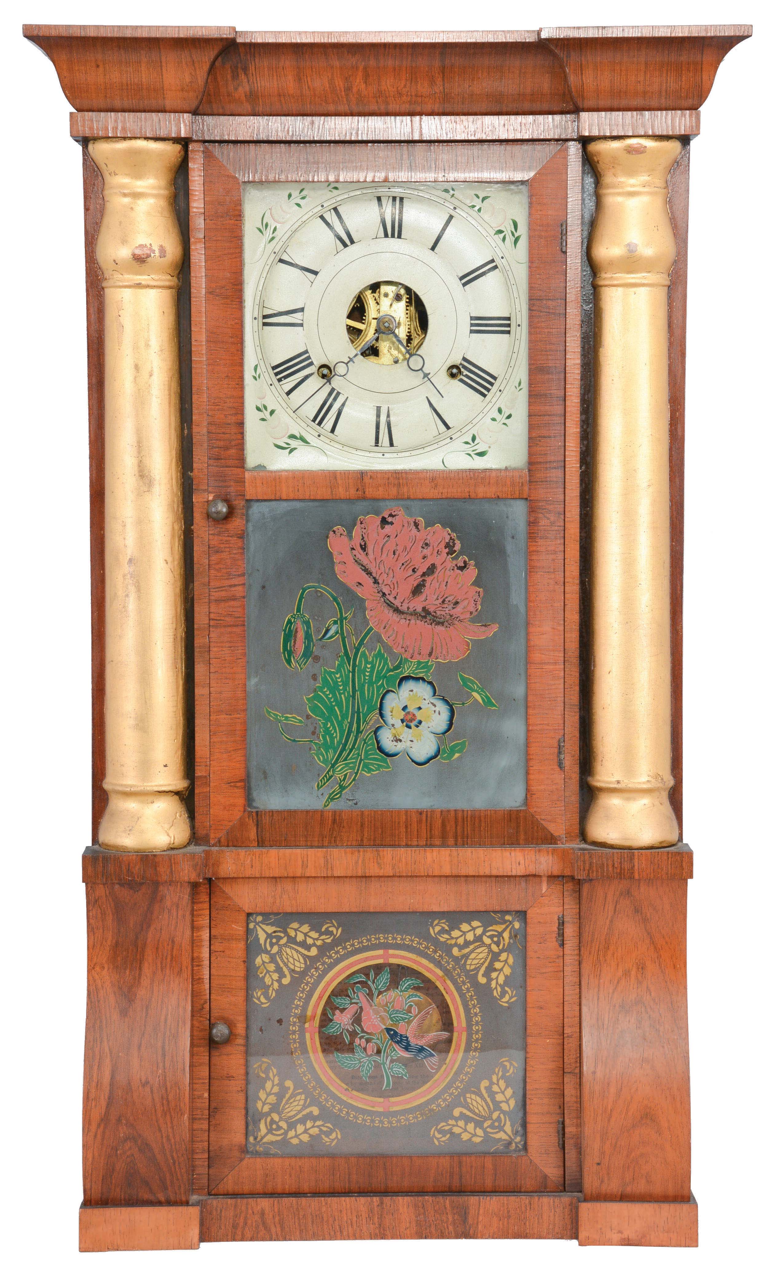 Clocks- 2 (Two): (1) Seth Thomas Clock Co., Plymouth Hollow Hollow, Conn., 8 day, time and strike "Gilt Column" weight brass movement column & cornice shelf clock, c1860 (2) Ansonia Clock Co., New York, "Queen Elizabeth", 8 day, time and strike, spring brass movement wall clock, c1901. — Antique Clocks Price Guide