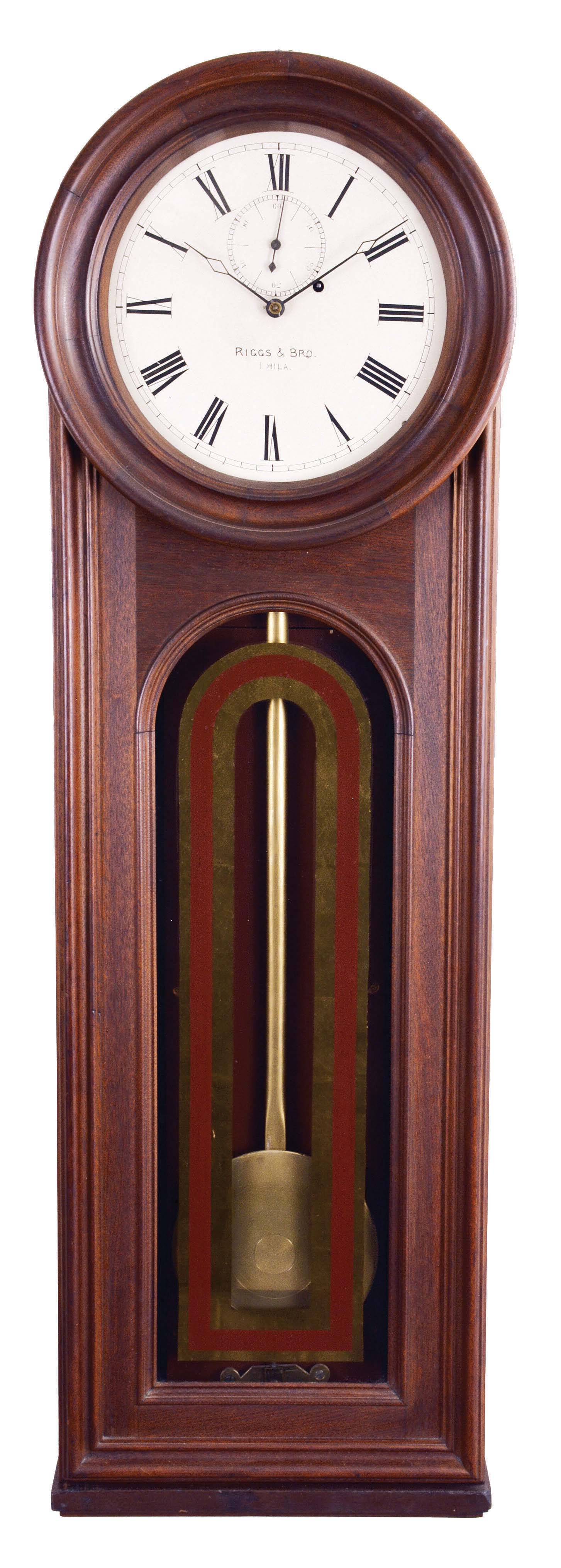 E. Howard & Co., Boston, Mass., "No. 13 Regulator", wall clock, 8 day, time only, weight driven movement with damascened pendulum disc in a black walnut case with a painted metal dial signed "RIGGS & BRO / PHILA." and reverse painted tablet — Antique Clocks Price Guide