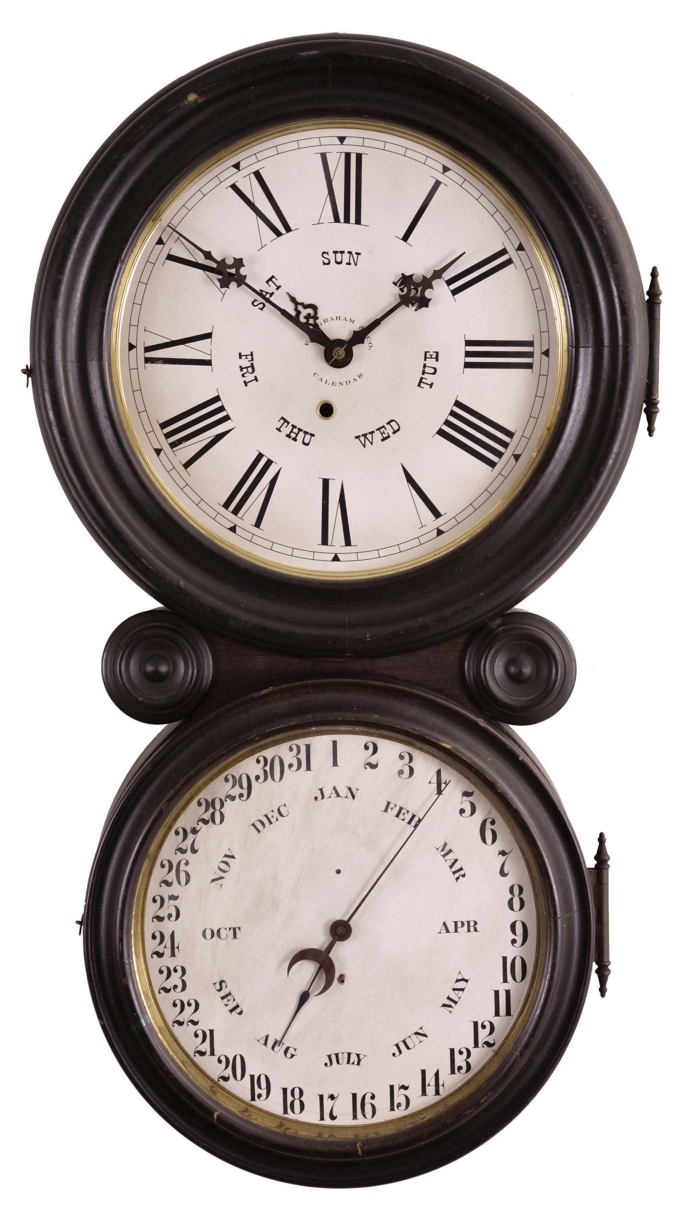 E. Ingraham & Co., Bristol, Conn., "Ionic Calendar", 8 day, spring brass movement wall calendar timepiece. — Antique Clocks Price Guide
