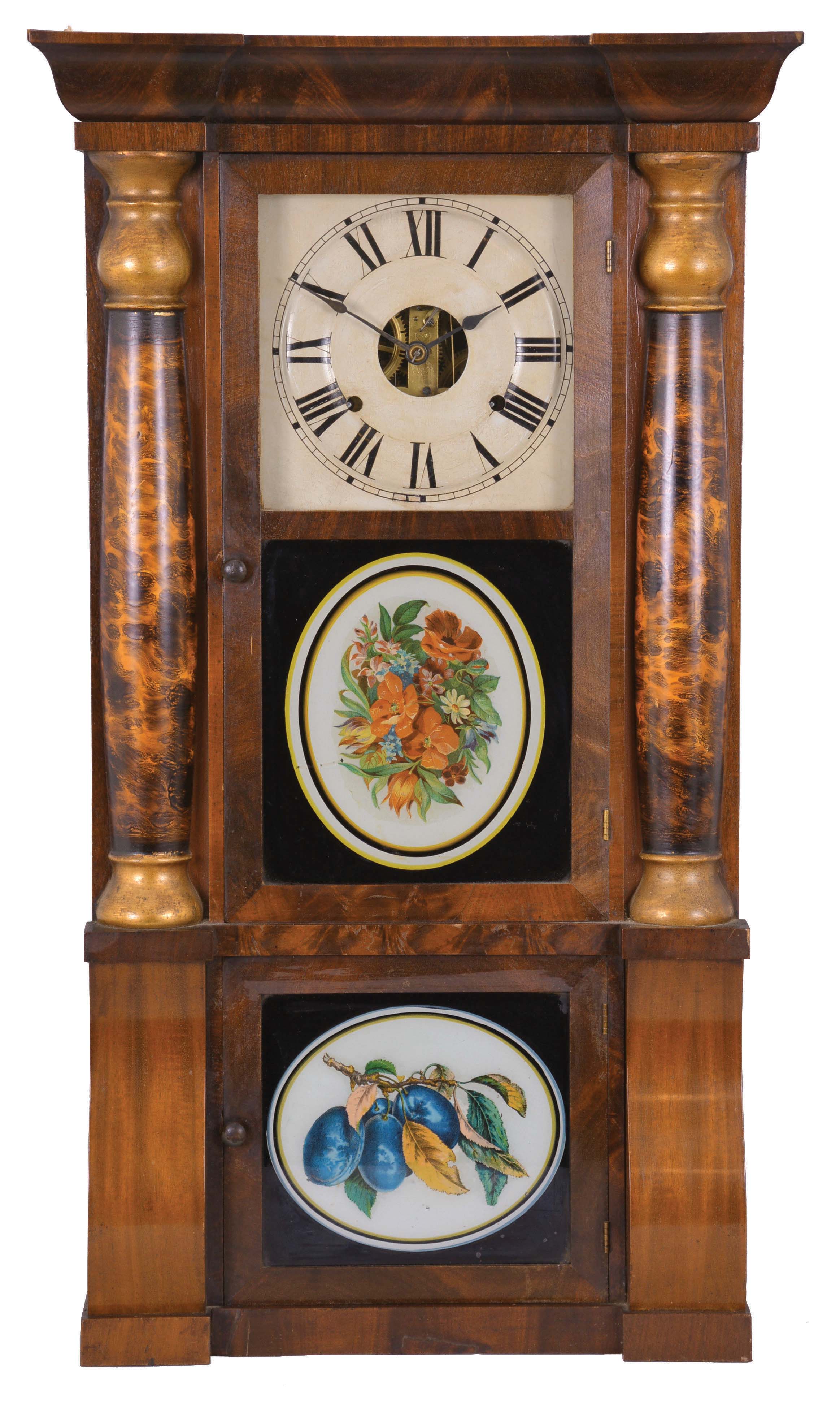 Seth Thomas Clock Co., Thomaston, Conn., "Shell Column" shelf clock with a weight driven, 8 day, time and strike lyre movement in a mahogany case with gilt capped faux tortoise shell columns. — Antique Clocks Price Guide