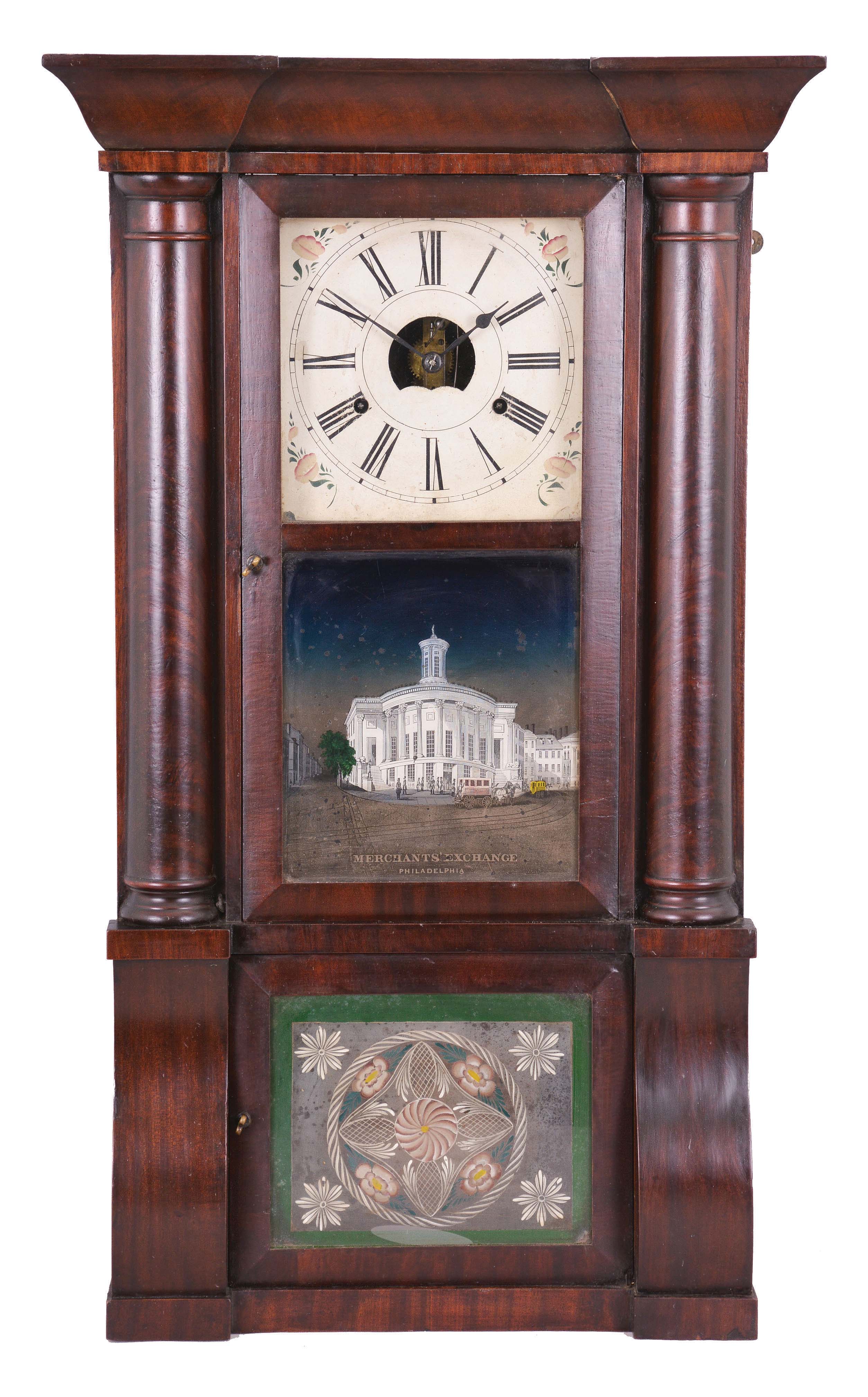 Birge, Peck & Co., Bristol, Conn., Cornice and Column shelf clock with a weight driven, 8 day, time and strike brass strap movement in a mahogany case. — Antique Clocks Price Guide