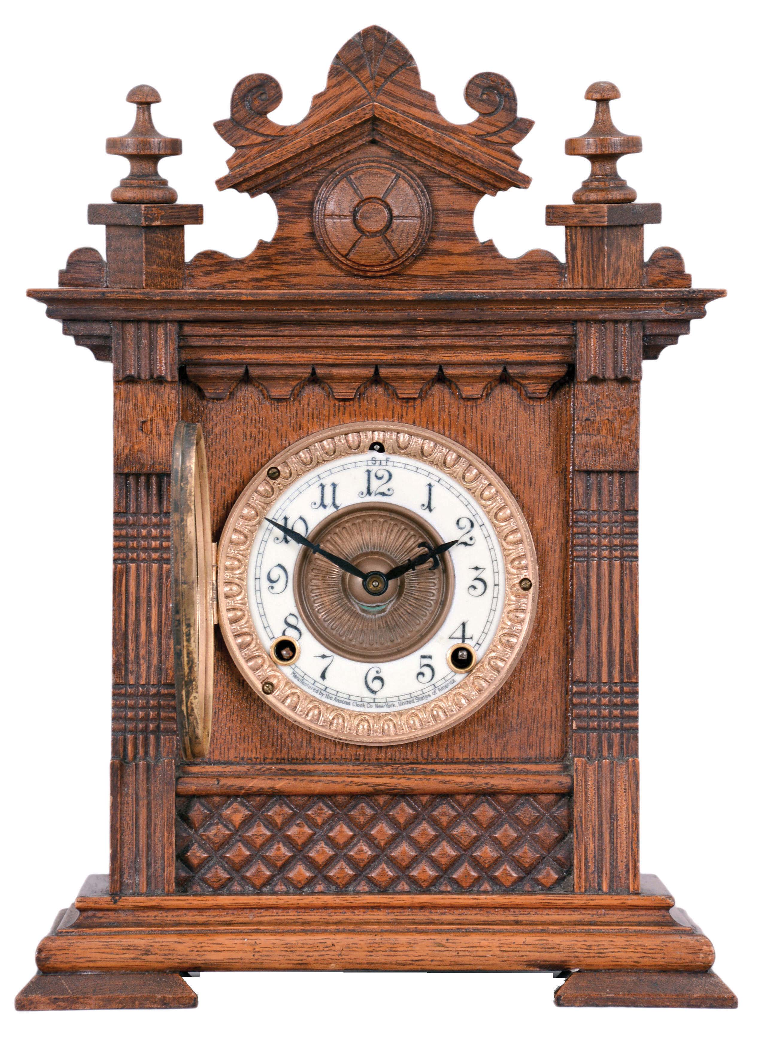 Ansonia Clock Co., New York, "Salem" cabinet shelf clock with a spring driven, 8 day, time and half hour strike movement in an oak case. — Antique Clocks Price Guide