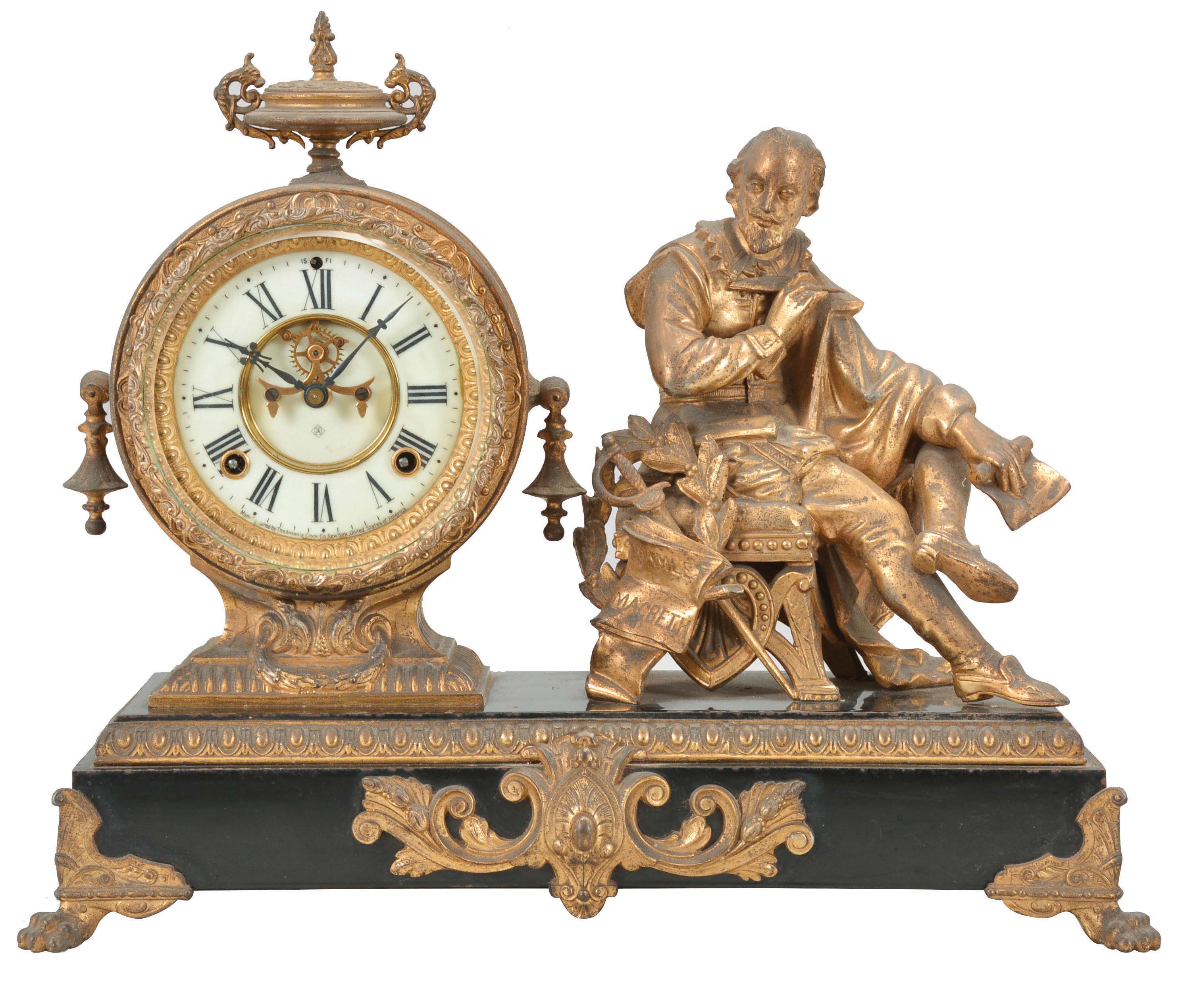 Ansonia Clock Co., New York, "Shakespeare No. 1087" 8 day, time and strike, spring brass movement figural mantel clock. — Antique Clocks Price Guide