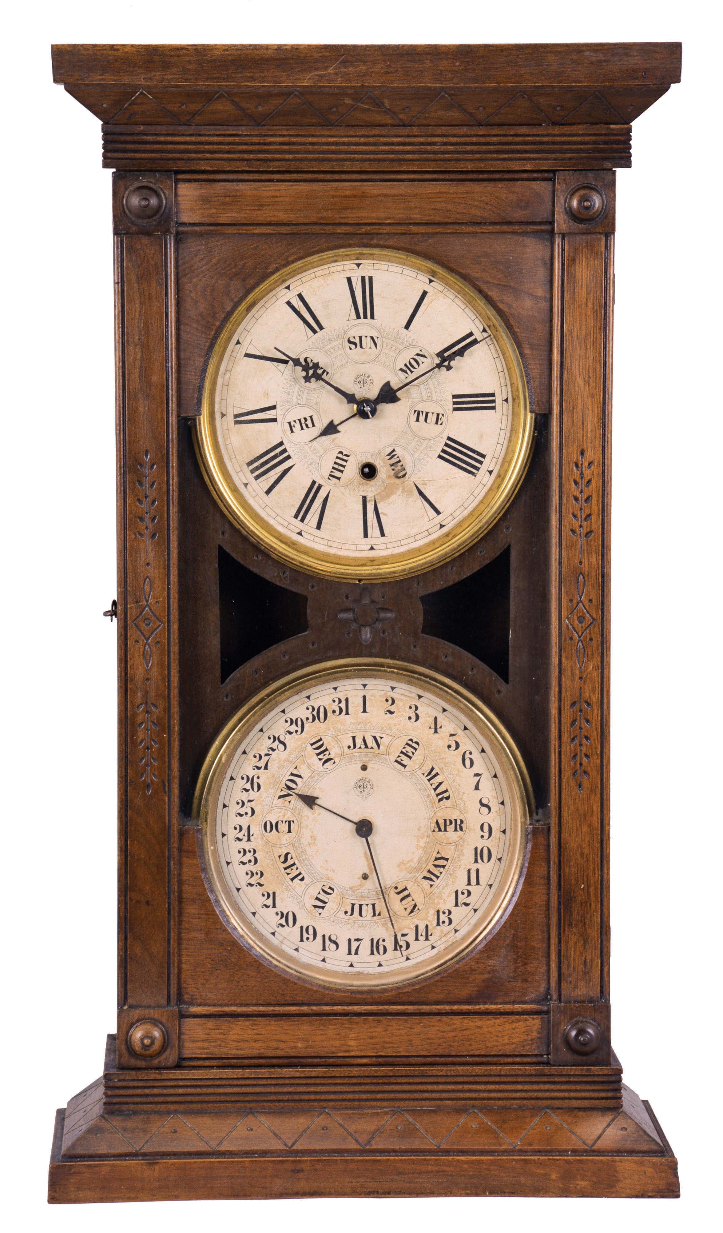 Jerome & Co. (New Haven Clock Co.), New Haven, Conn., "Register" mantel clock, 8 day, time and strike, spring driven movement with a B. B. Lewis perpetual calendar mechanism in a walnut case. — Antique Clocks Price Guide