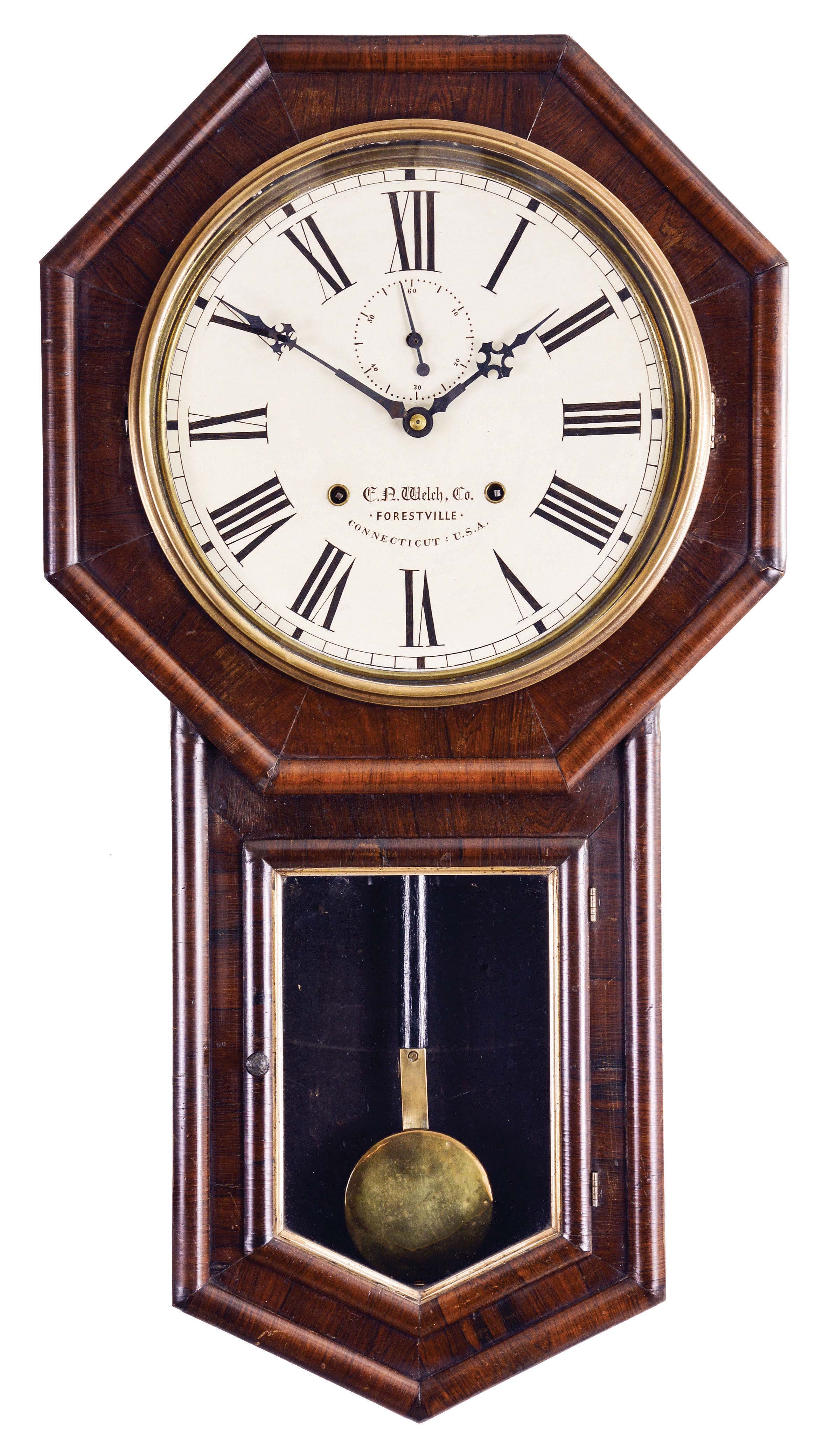 Welch, Spring & Co., Forestville, Conn., "Verdi" hanging clock with a spring driven, 8 day, time and strike movement in a rosewood veneered case.. — Antique Clocks Price Guide