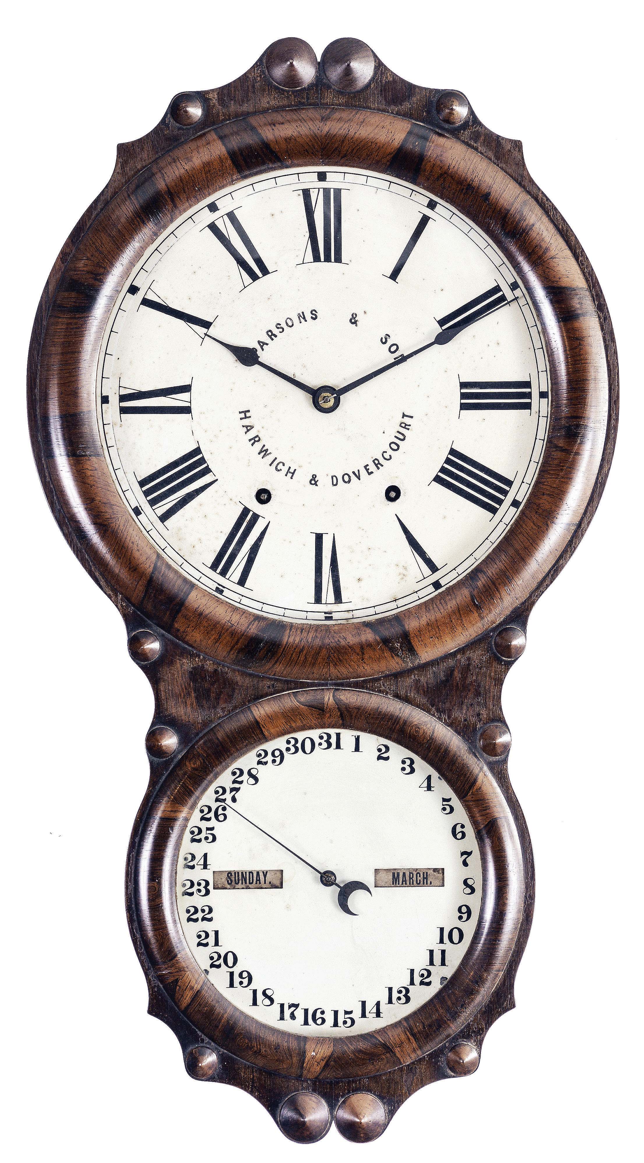 Seth Thomas Clock Co., Thomaston, Conn., "Office Calendar No. 4" hanging clock with a spring driven, 8 day, time and strike movement and an R. T. Andrews patented perpetual calendar mechanism in a rosewood veneered case. — Antique Clocks Price Guide