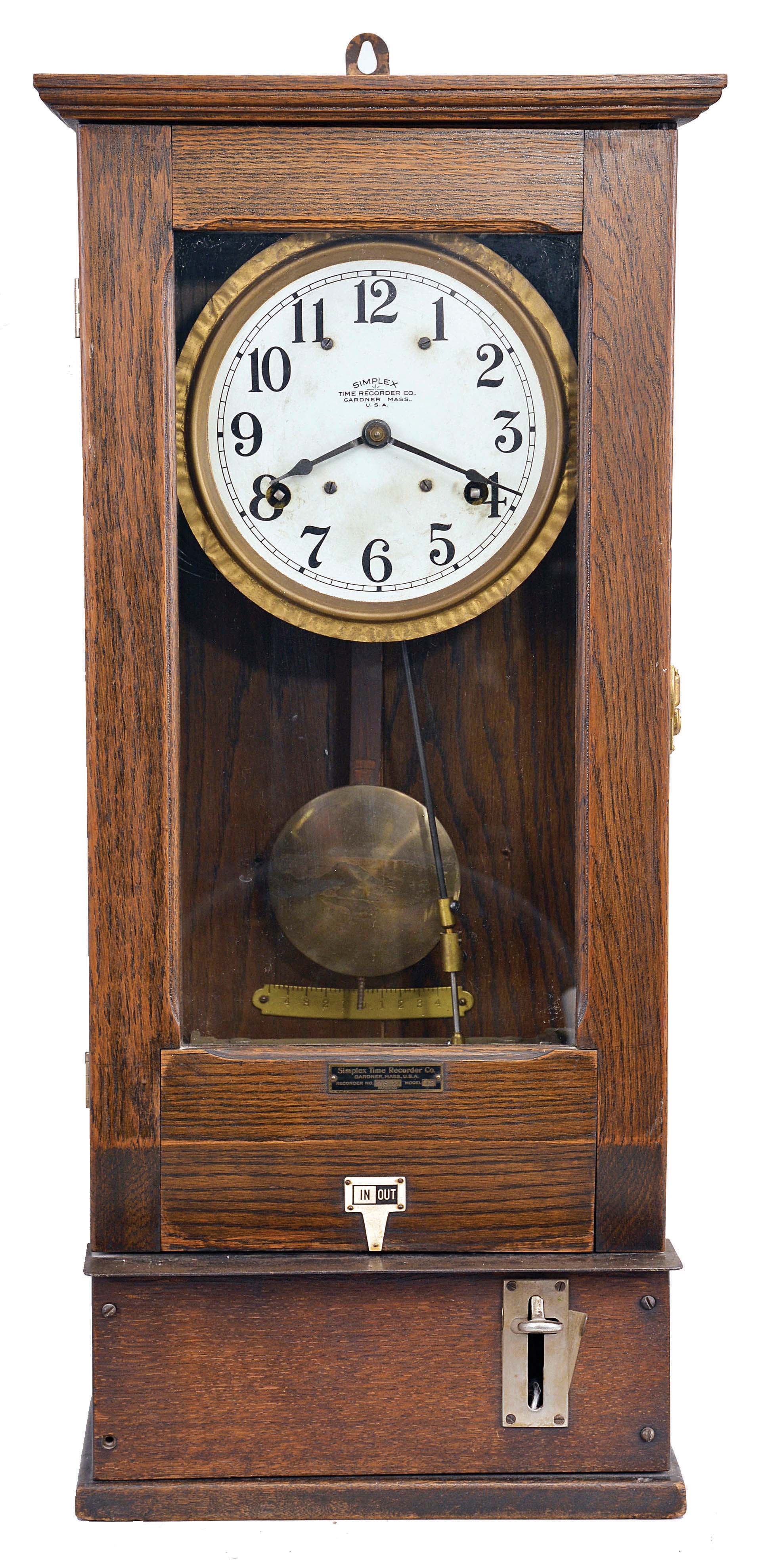 Simplex Time Recorder Co., Gardner, Mass., "Time Recorder Model 12", 8 day, time and card stamp, twin spring driven movement in an oak case with painted metal dial. — Antique Clocks Price Guide