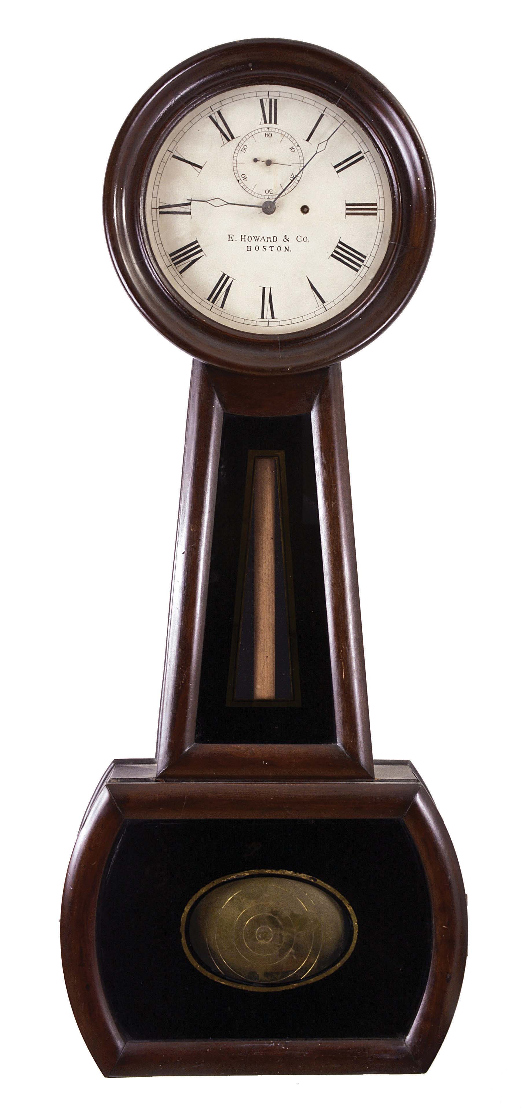 E. Howard & Co., Boston, Mass., "No. 1 Regulator", wall clock, 8 day, time only weight driven movement in a cherry case with a painted metal dial, reverse painted throat and lower tablets — Antique Clocks Price Guide