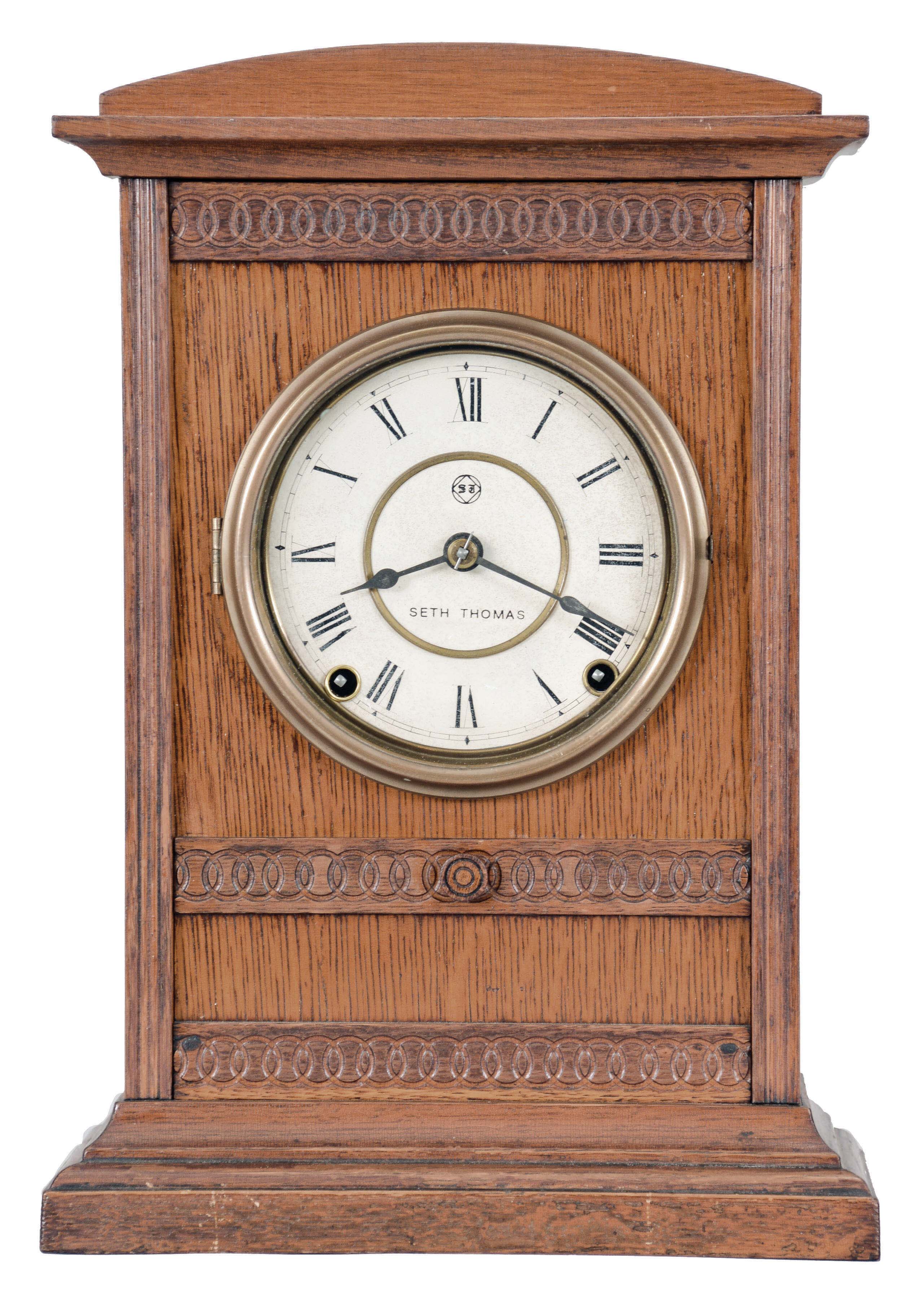 Seth Thomas Clock Co., Thomaston, Conn., "Dayton", 8 day, time and strike, spring brass movement City Series shelf clock. — Antique Clocks Price Guide