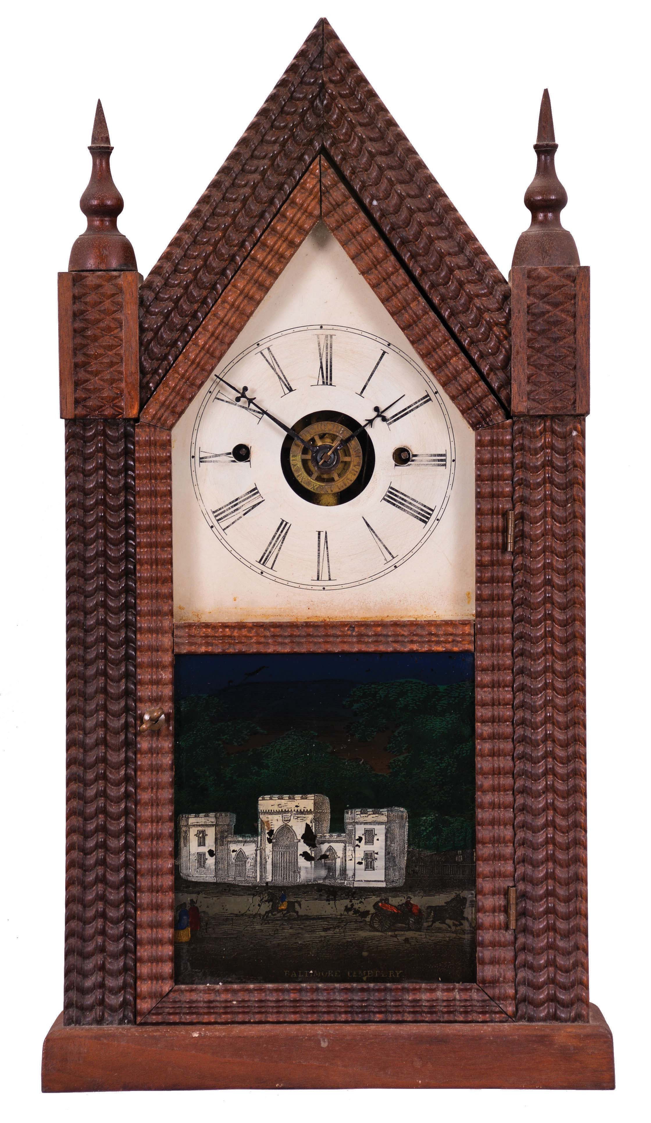 Forestville Mfg. Co., (J. B. Brown), Forestville, Conn., 8-day time, strike & alarm spring brass fusee movement sharp gothic or steeple clock with rippled molding. — Antique Clocks Price Guide