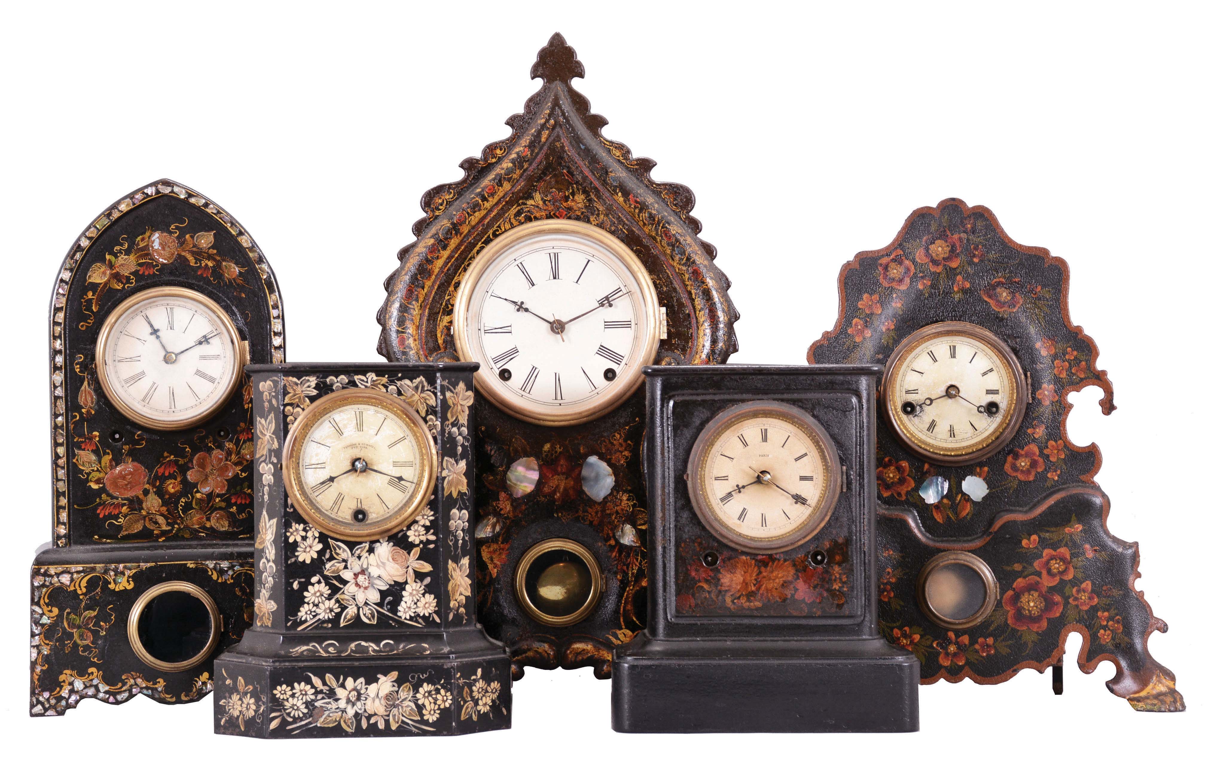 Clocks- 5 (Five): (1) Terhune & Edwards, New York, 8 day, spring brass movement case iron case shelf timepiece, c1865 (2) Unknown, 8 day, time and strike, spring brass movement cast iron case shelf clock, c1865 (3) Unknown, probably the American Clock Co., New York, 8 day, time and strike, spring brass movement cast iron case with MOP inlay shelf clock, c1865 (4) Unknown, probably the American Clock Co., New York, 8 day, time and strike, spring brass movement cast iron front with MOP shelf clock, c1850 (5) American Clock Co., New York, 30 hour, time and strike, spring brass movement cast iron front with MOP shelf clock, c1850 — Antique Clocks Price Guide