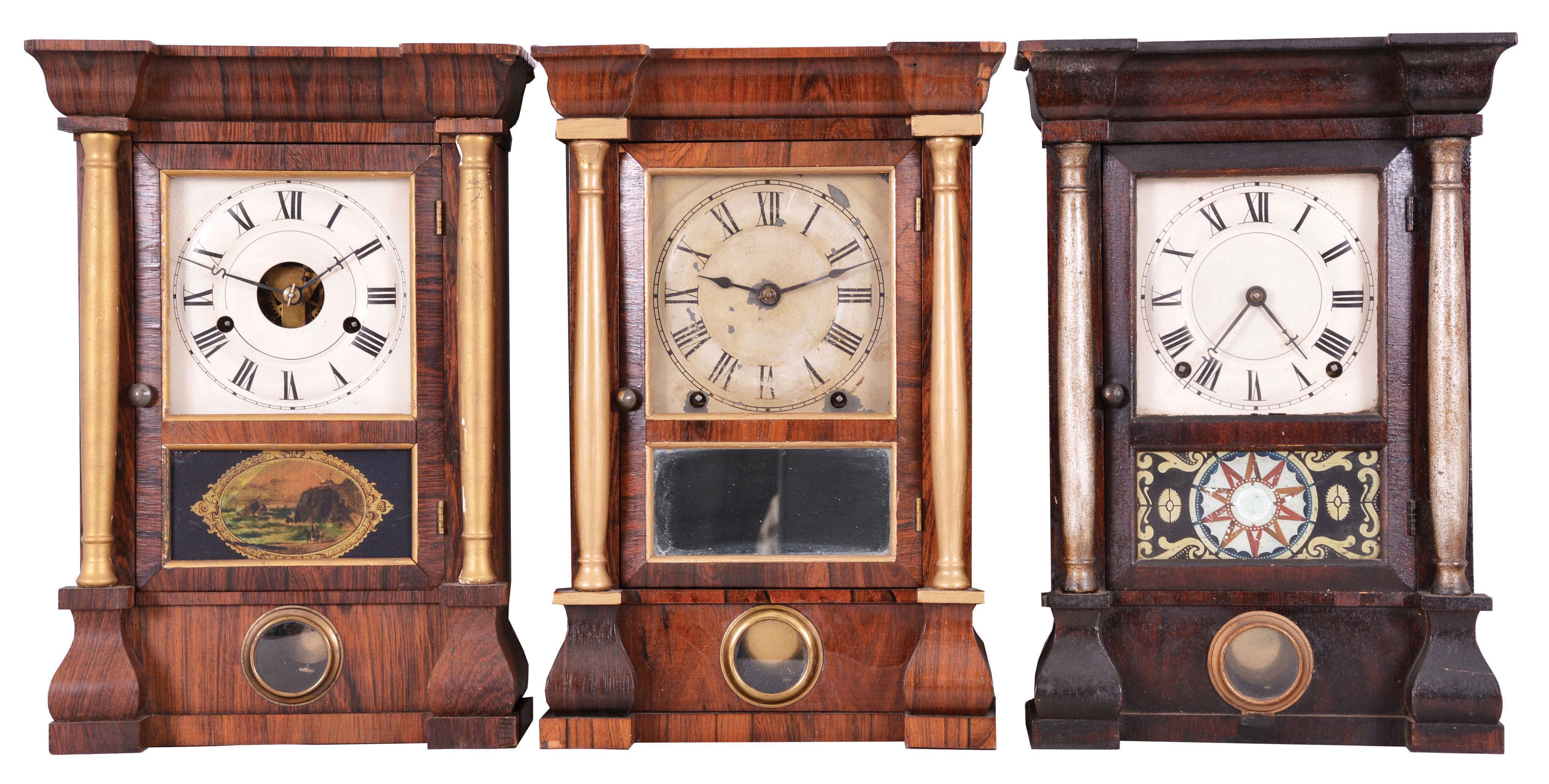 Clocks- 3 (Three): (1) Seth Thomas, Thomaston, Conn., 30 hour, time and strike, spring brass movement small column & cornice shelf clock, c1870 (2) Seth Thomas Clock Co., Plymouth Hollow, Conn., 8 day, time and strike, spring brass movement small column & cornice shelf clock c1862 (3) Seth Thomas, Thomaston, Conn., 8 day, time and strike, spring brass movement small column & cornice shelf clock c1870 — Antique Clocks Price Guide