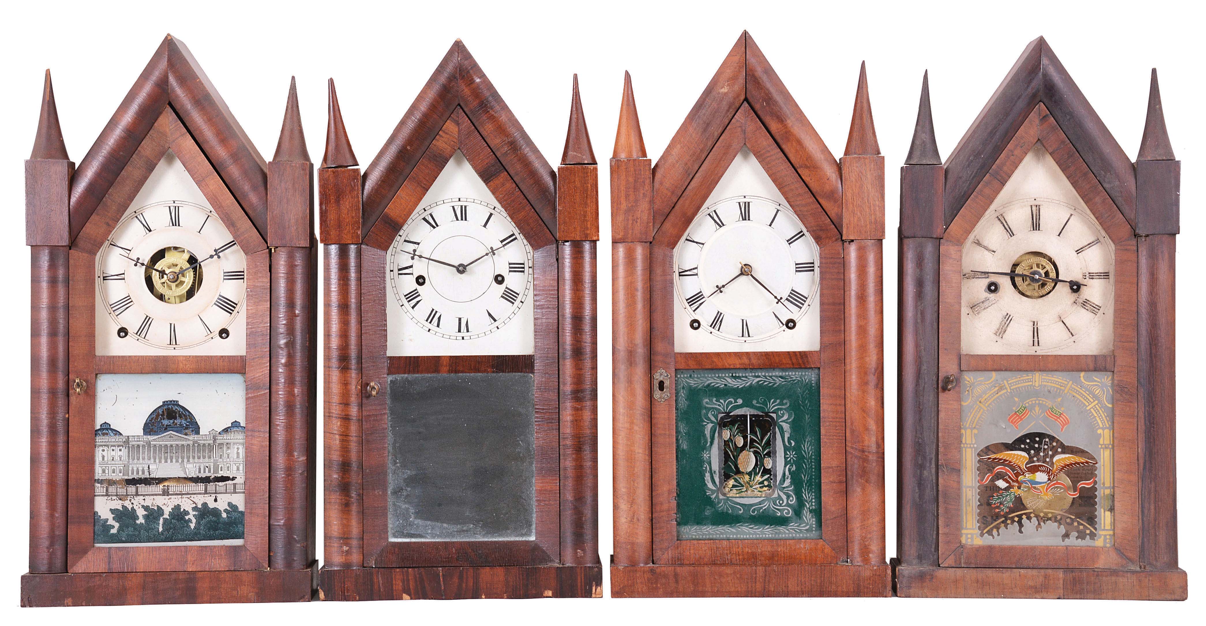 Clocks- 4 (Four): (1) Ansonia Clock Co., Ansonia, Conn., 8 day, time, strike and alarm spring brass movement sharp gothic or steeple clock, c1852 (2) Chauncey Jerome, New Haven, Conn., 30 hour, time and strike, spring brass movement sharp gothic or steeple clock, c1850 (3) Terry & Andrews, Bristol, Conn., 8 day, time and strike, spring brass movement sharp gothic or steeple clock, c1845 (4) Elisha Manross, Bristol, Conn., 30 hour, time and strike, spring brass movement sharp gothic or steeple clock, c1845. — Antique Clocks Price Guide