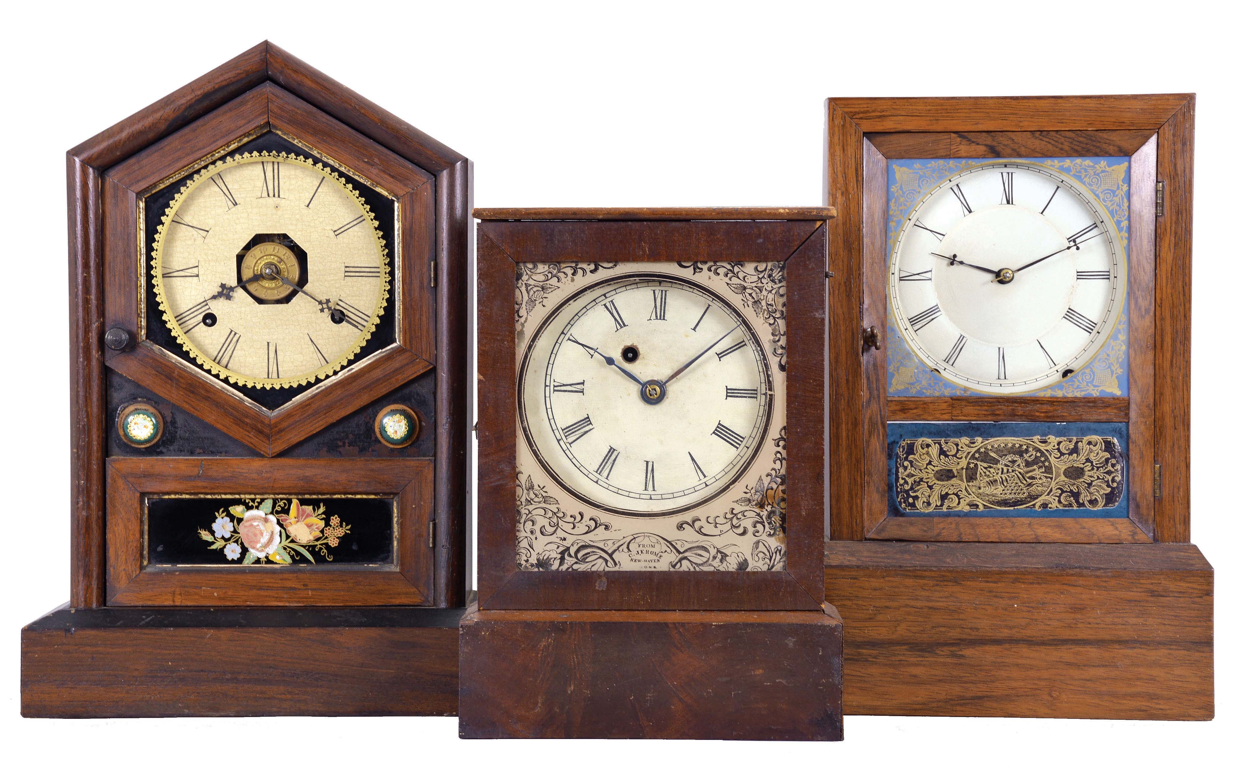 Clocks- 3 (Three): (1) Jeromes & Co., (New Haven Clock Co.) New Haven, Conn., 8 day, time, strike and alarm spring brass movement shelf clock, c1875 (2) Chauncey Jerome, New Haven, Conn., 30 hour, spring brass movement cottage timepiece, c1850 (3) Unknown, 8 day, time and strike, spring brass movement cottage clock, c1855 — Antique Clocks Price Guide