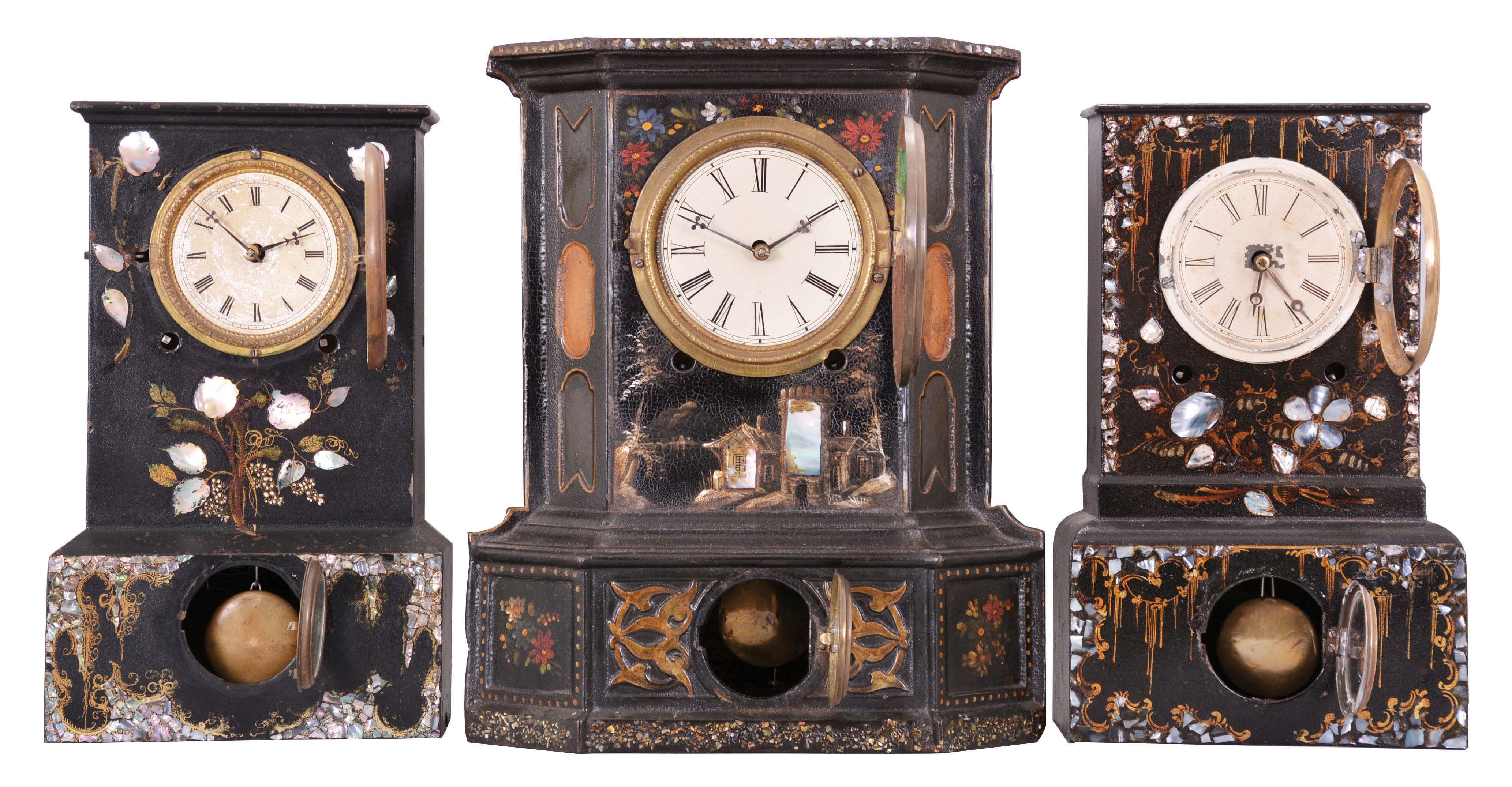 Clocks- 3 (Three): (1) American Clock Co., New York, 8 day, time and strike, spring brass movement cast iron with MOP inlay mantel clock, c1860 (2) Terry & Andrews, Bristol, Conn., 8 day, time and strike, spring brass movement cast iron case with MOP inlay mantel clock, c1850 (3) Unknown, possibly American Clock Co., New York, 8 day, time and strike, spring brass movement Iron case with MOP inlay mantel clock, c1855 — Antique Clocks Price Guide
