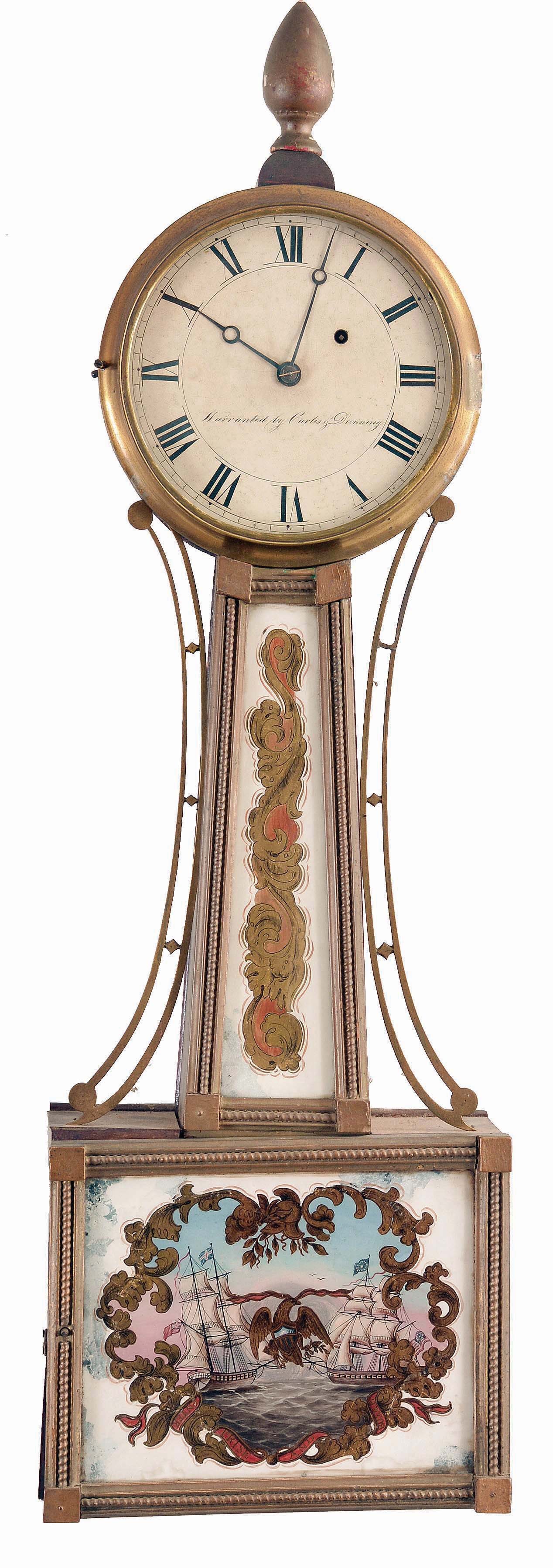 Curtis & Dunning, Burlington, Vermont, 8 day, weight driven patent timepiece, gilt front with gilt, rope molded frames, cast brass bezel, cast brass side arms, and turned, gilt finial, the throat glass with gilt, scrolling foliate ornament, the box glass depicting the pursuit and capture of the HMS Boxer by the USS Enterprise, signed, white painted roman numeral sheet iron dial with moon hands, and brass clad pendulum. — Antique Clocks Price Guide