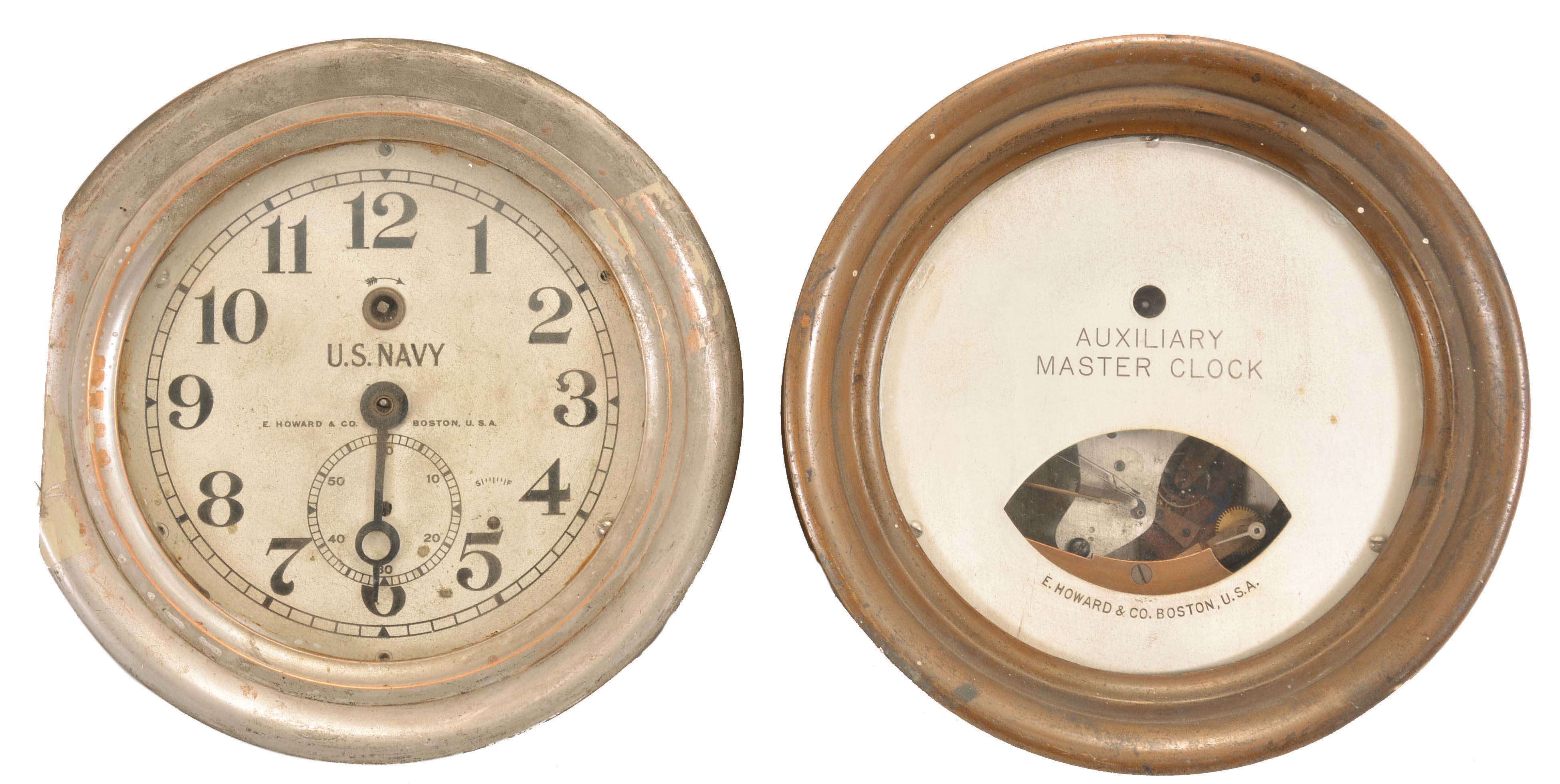 Clocks- 2 (Two) E. Howard Marine Clocks: (1) E. Howard & Co., Boston, Mass., for U.S. Navy, marine lever, 8 day, time only, spring-driven jeweled balance wheel movement in a nickel plated brass case with hinged bezel, 6 inch signed silvered dial reading "U.S. Navy", subsidiary seconds, and blued steel hands, movement serial number 00544. (2) E. Howard & Co., Boston, Mass., "Auxiliary Master Clock", 8 day, time only, spring-driven jeweled balance wheel movement in a brass case with screw-on bezel with electrical terminals, 6 inch signed silvered face with viewing aperture showing cam that closes electrical contact once per minute, movement serial number 00459. — Antique Clocks Price Guide