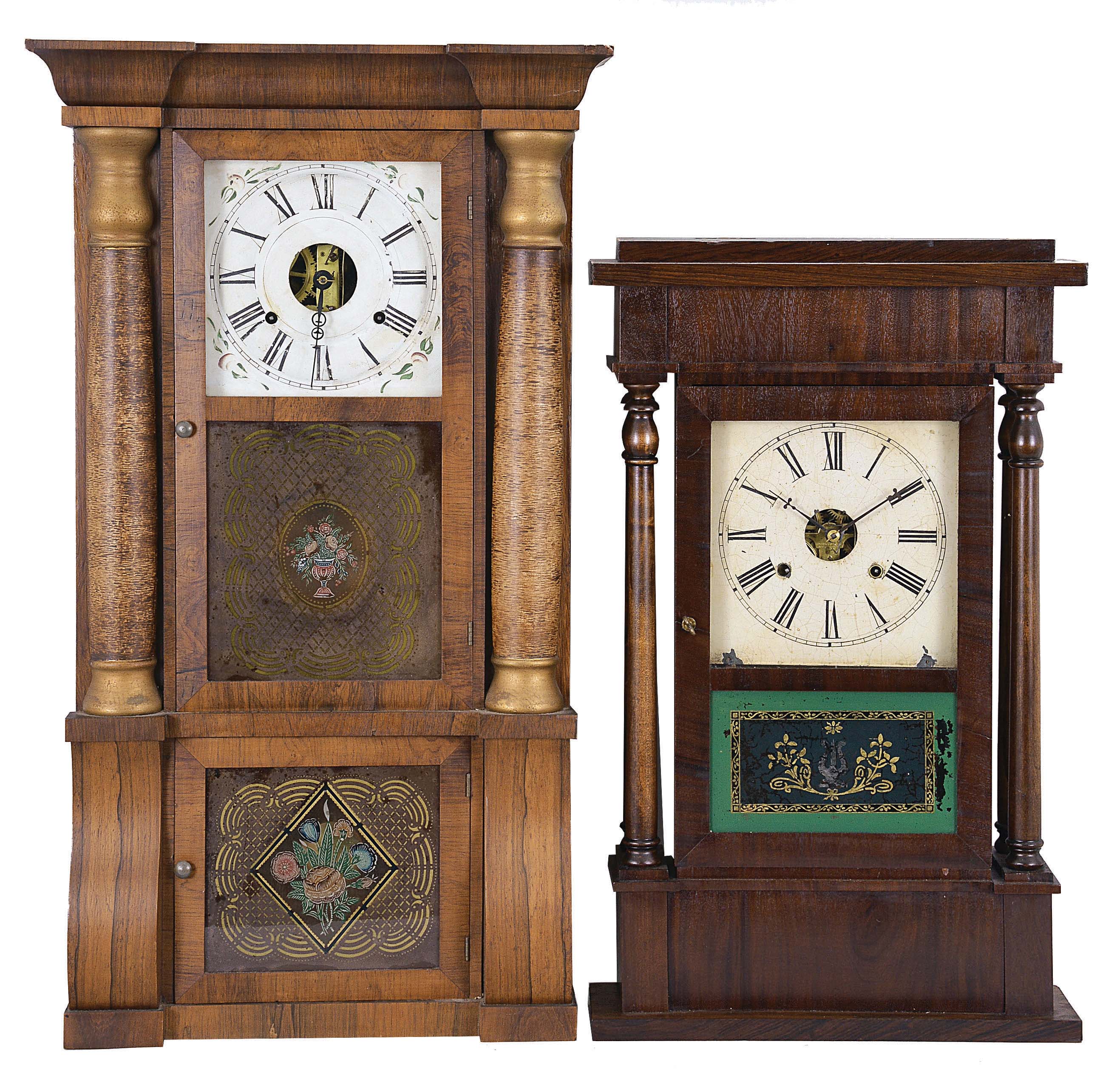 Clocks- 4 (Four): (1) Seth Thomas Clock Co., (for S. J. Southworth, Leeds County, Canada West) "Rose Column" clock with a weight driven, 8 day, time and strike movement in a rosewood veneered case, c1865. (2) Unidentified miniature OOG shelf clock with a spring driven, 30 hour, time and strike movement in a mahogaNew York and birdseye maple case, c1865. (3) Henry Sperry, 18 Maiden Lane, New York, miniature OOG shelf clock with a spring driven, 30 hour, time and strike movement in a mahogaNew York and birdseye maple case, c1855. (4) Sperry & Shaw, 10 Cortlandt St., New York, New York Style 4 column shelf clock with a weight driven, 30 hour, time and strike movement in a mahogaNew York and rosewood veneered case, c1845 — Antique Clocks Price Guide