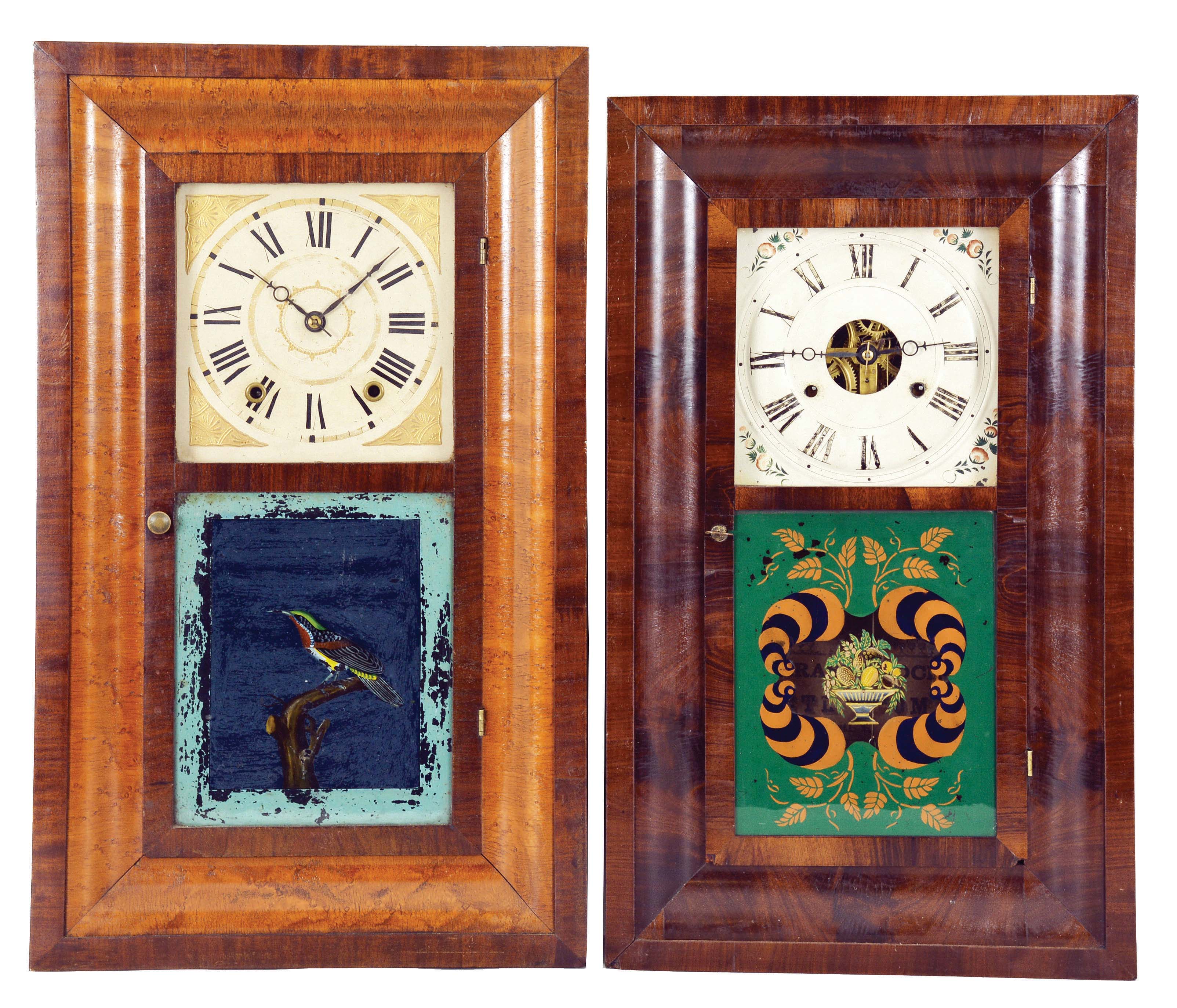 Clocks- 5 (Five): (1) Smith & Brothers, New York, 30 hour, time and strike, weight wood movement OG shelf clock, c1841 (2) Atkins & Porter, Bristol, Conn., 30 hour, time and strike, weight brass movement OG shelf clock, c1845 (3) Seth Thomas Clock Co., Plymouth Hollow Hollow, Conn., 30 hour, time and strike, weight brass movement OG shelf clock, c1860 (4) Jerome & Co., New Haven, Conn., 30 hour, time and strike, weight brass movement OG shelf clock, c1858 (5) Sperry & Shaw, New York, 30 hour, time and strike, weight brass movement OG shelf clock, c1845 — Antique Clocks Price Guide