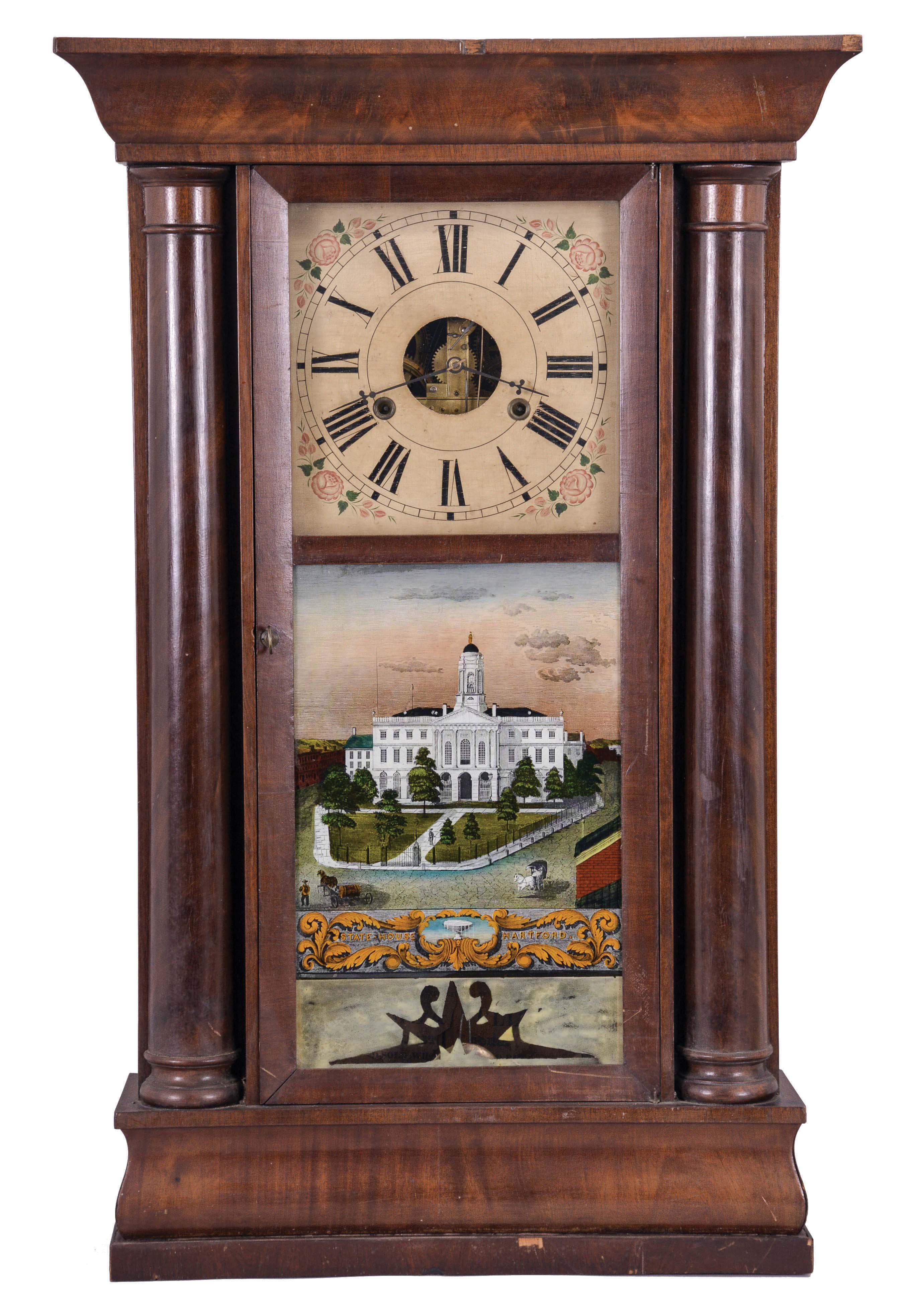 Birge & Fuller, Bristol, Conn., 8 day, time and strike, weight strap brass movement half column and cornice top shelf clock, c1845. — Antique Clocks Price Guide