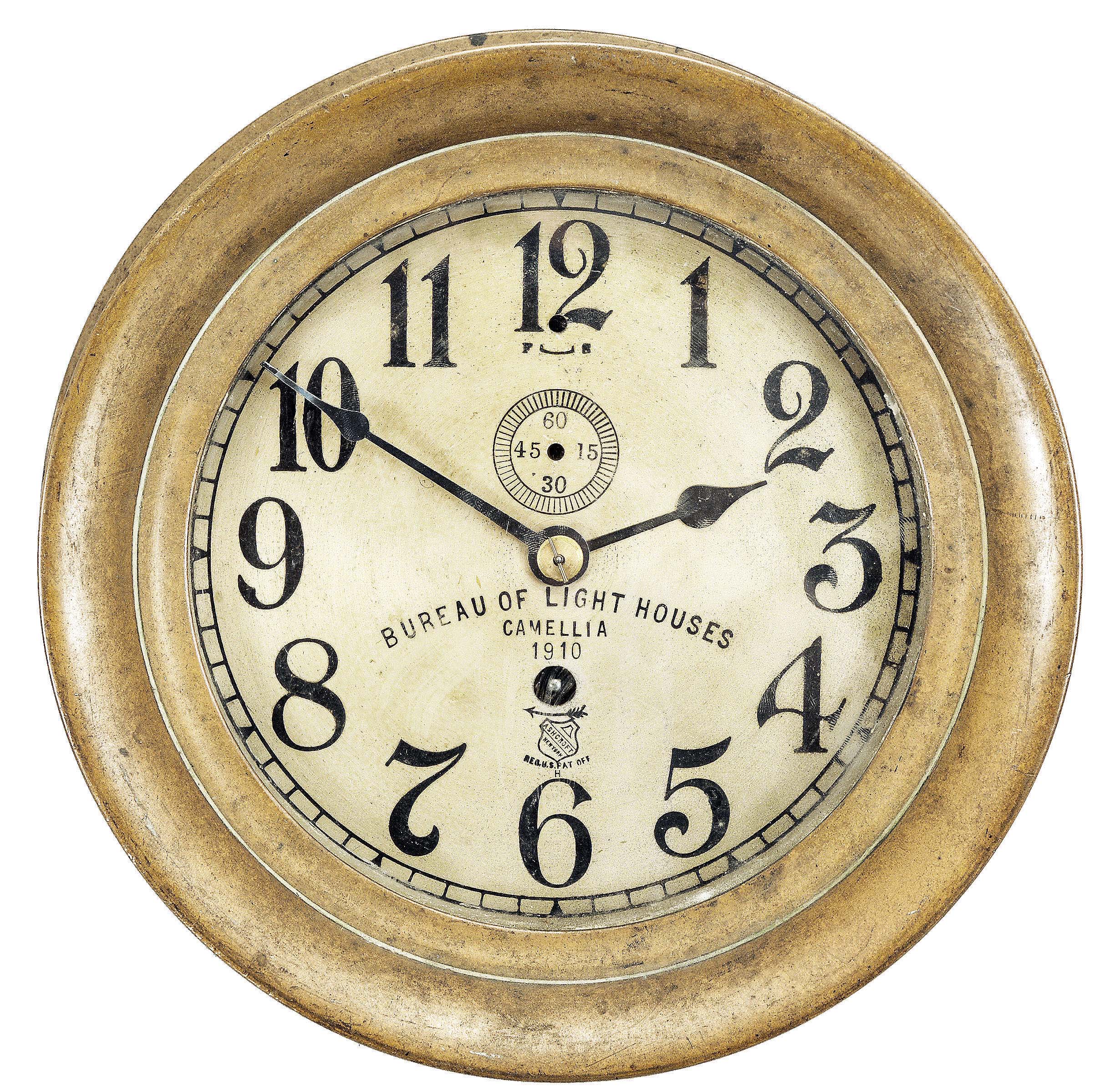 E. Howard & Co., Boston, Mass., for Ashcroft, New York, marine lever, 8 day, time only, spring-driven movement with jeweled lever escapement in brass case with hinged bezel, 6.5 inch silvered dial inscribed with "Bureau of Lighthouses / Camellia / 1910", subsidiary seconds, black spade hands, movement serial number 1755. — Antique Clocks Price Guide
