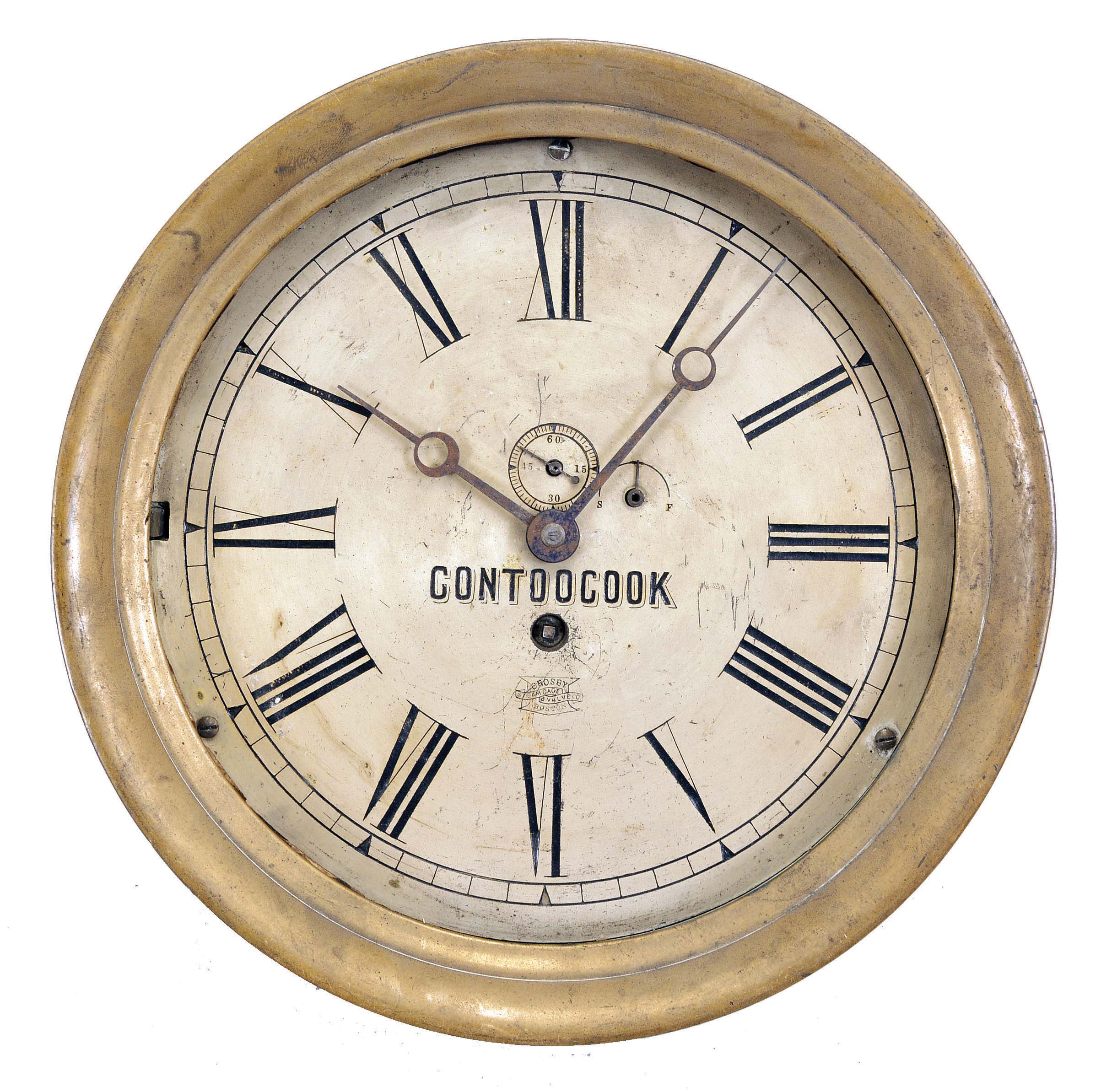 Boston Clock Co., Boston, Mass., for Crosby Steam Gage [sic] & Valve Co., Boston, engine room clock, 8 day, time only, spring-driven balance wheel movement with an 1880 patent date in a brass case with hinged bezel, 8.5 inch silvered dial with Roman numerals, subsidiary seconds, the Crosby trademark, and "CONTOOCOOK" printed in block letters below the center arbor, blued steel hands. — Antique Clocks Price Guide