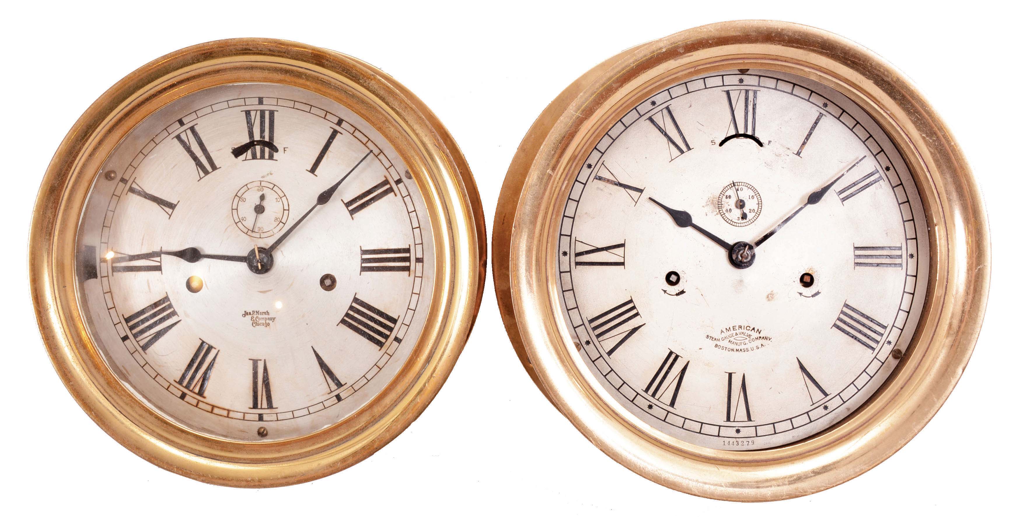 Clocks- 2 (Two) Seth Thomas Engine Room: (1) Seth Thomas Clock Co., Thomaston, Conn., for James P. Marsh Co., Chicago, IL, 8 day, time only, twin-spring balance wheel movement in a brass case with hinged bezel, 8 inch silvered dial with Roman numerals, subsidiary seconds, and steel spade hands. (2) Seth Thomas Clock Co., Thomaston, Conn., for American Steam Gauge & Valve Co., Boston, Mass., 8 day, time only, twin-spring balance wheel movement in a brass case with hinged bezel, 8 inch silvered dial with Roman numerals, subsidiary seconds, and black steel spade hands. — Antique Clocks Price Guide