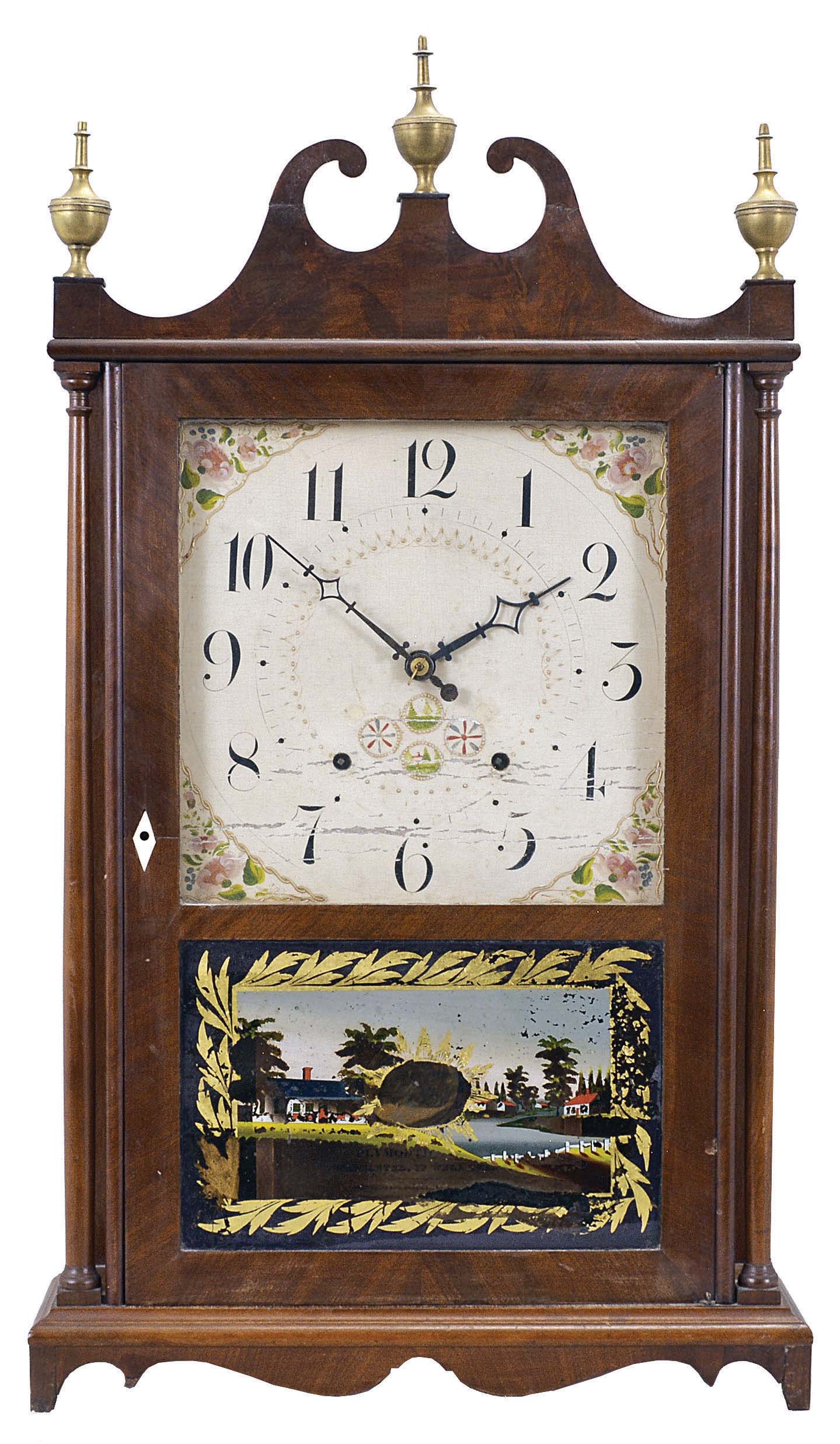 Seth Thomas Clock Co., Plymouth Hollow Hollow, Conn., 30 hour, time and strike, weight wood movement pillar & scroll shelf clock. — Antique Clocks Price Guide