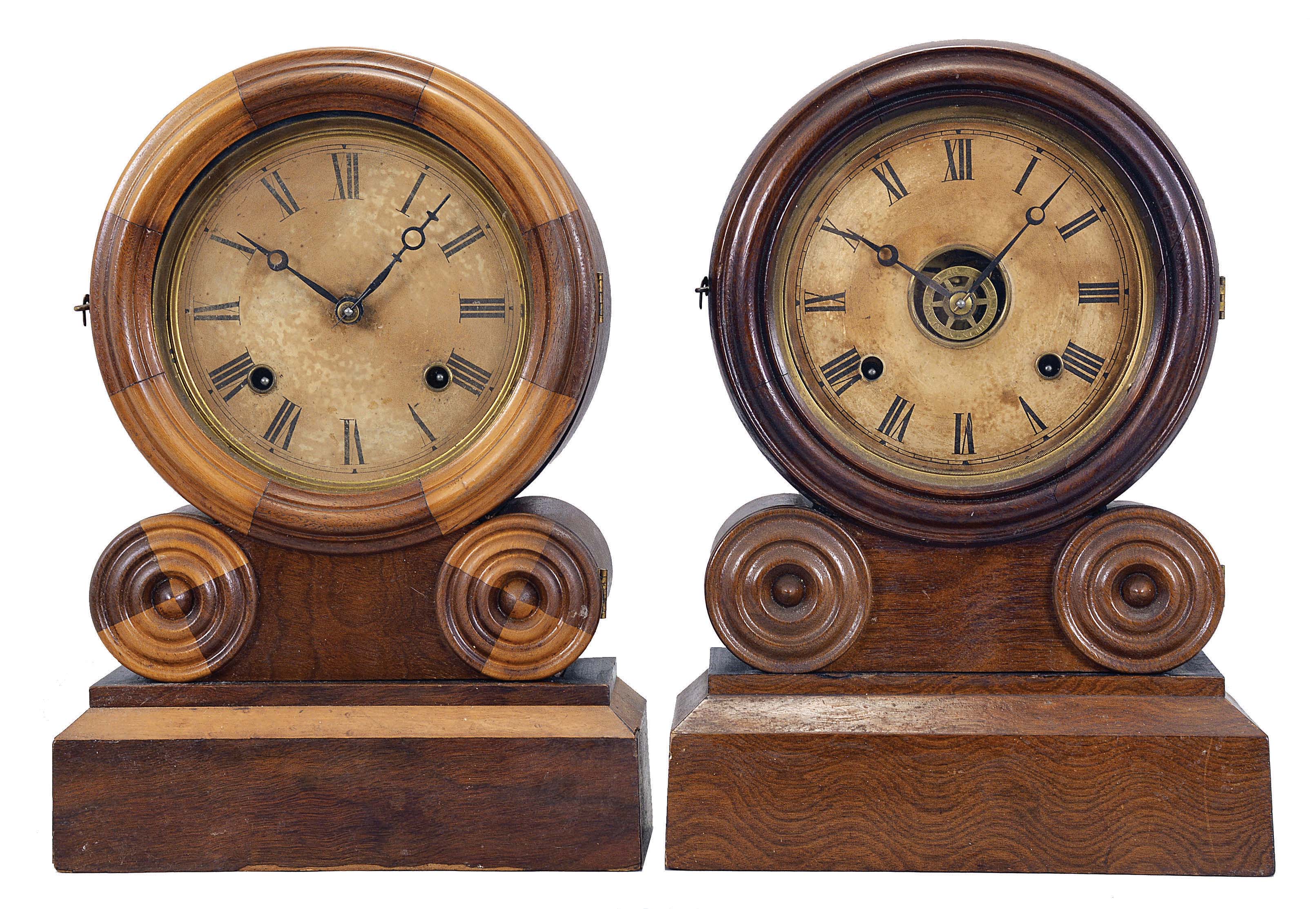 Clocks- 2 (Two) (1) E. Ingraham & Co., Bristol, Conn., "Grecian Mosaic", 8 day, time and strike, spring brass movement shelf clock. (2) E. Ingraham & Co., Bristol, Conn., "Grecian", 8 day, time, strike and alarm spring brass movement shelf clock. — Antique Clocks Price Guide