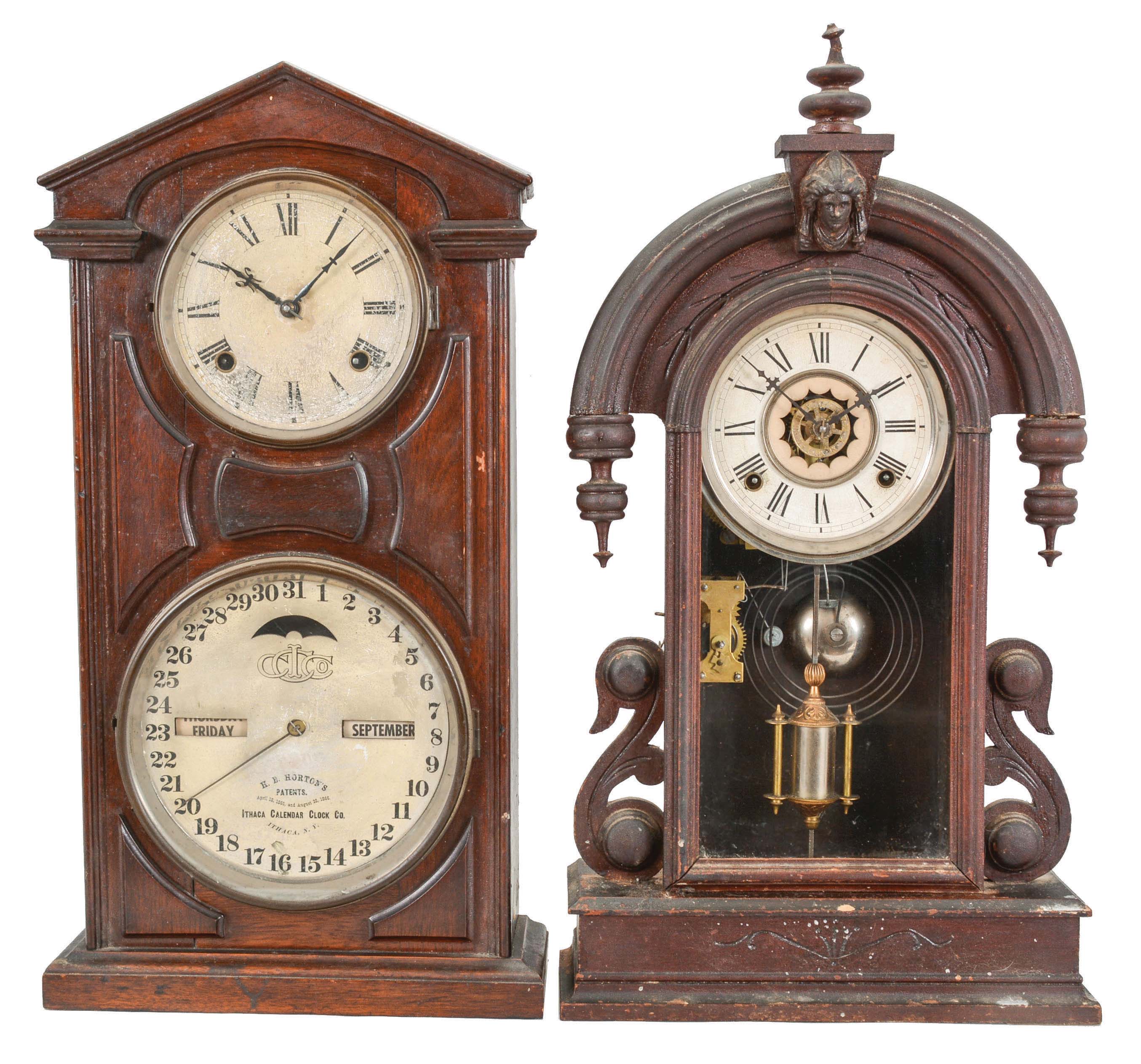 Clocks- 2 (Two): (1) Waterbury Clock Co., Waterbury, Conn., "Paris", 8 day, time and strike, spring brass movement shelf clock, c1891 (2) Ithaca Calendar Clock Co., Ithaca, New York, "No. 7 Shelf Cottage", 8 day, time and strike, spring brass movement double dial calendar clock, c1880 — Antique Clocks Price Guide