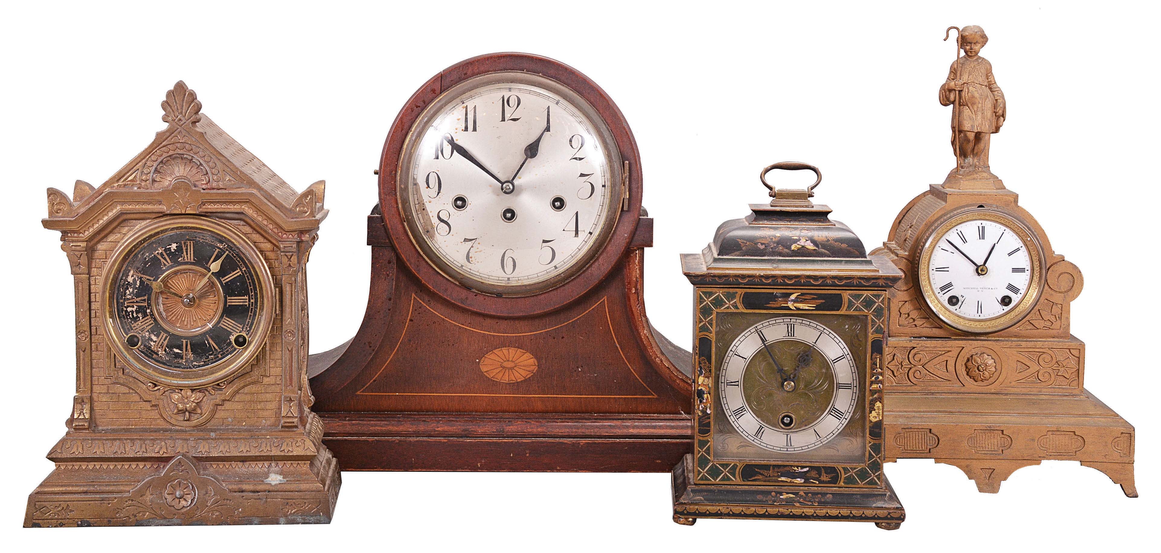Clocks- 5 (Five): (1) Nicholas Mueller Sons, "Chapel", 8 day, time and strike, spring brass movement mantel clock, c1875 (2) Mitchell Vance & Co., New York, with a Seth Thomas' Sons & Co., New York, (No. 8025) movement, 15 day, time and strike, spring brass movement figural mantel clock, c1872, Mitchell Vance made the cases for S. Thomas & Sons. (3) English Watch & Clock Co., Coventry, England. Astral, 8 day, lever movement miniature English bracket clock, c1903 (4) Junghans, Germany, 8 day, time and strike, spring brass Westminster movement tambour shelf clock, c1900. (5) Ephraim Downes, Bristol Conn., pillar and scroll shelf clock, 30 hour, time and strike, weight driven movement in a mahogany and mahogany veneered case with painted wood dial. — Antique Clocks Price Guide