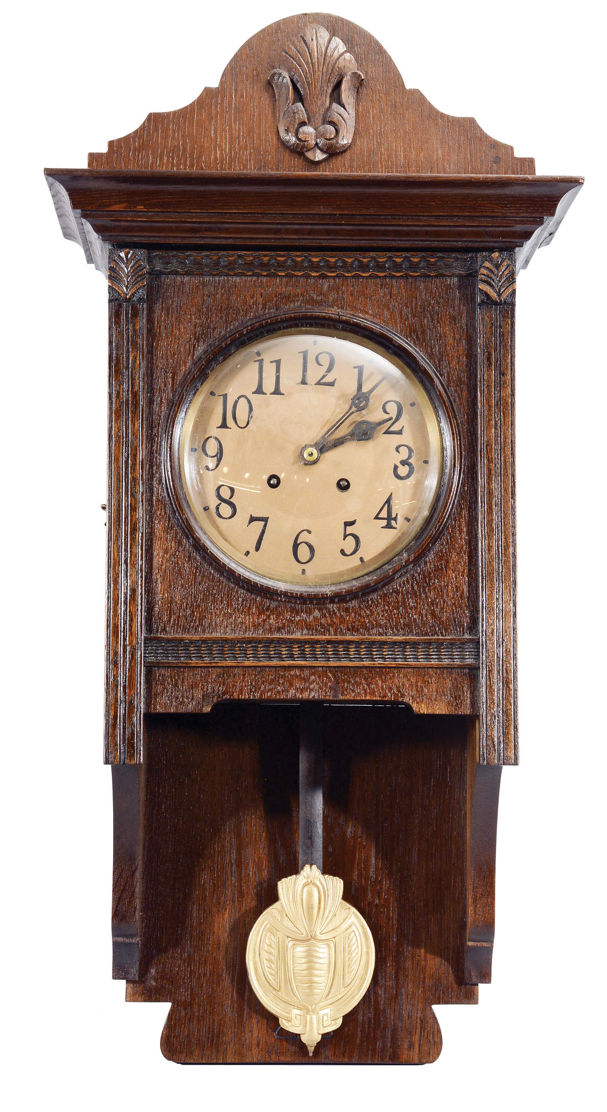Clocks- 2 (Two): Lenzkirch, Germany: (1) Small gallery clock, 8 day, time only, spring-driven movement in a round case with molded front, Roman numeral dial, steel Breguet style hands, movement serial number 1,214,927. (2) Free-swinger with Jugendstil and Arts and Crafts influences, 8 day, time and strike, spring-driven movement in an the oak case with applied moldings and ornaments, brass embossed pendulum, Arabic numeral brass dial with blued steel hands, movement serial number 1,814,598. — Antique Clocks Price Guide