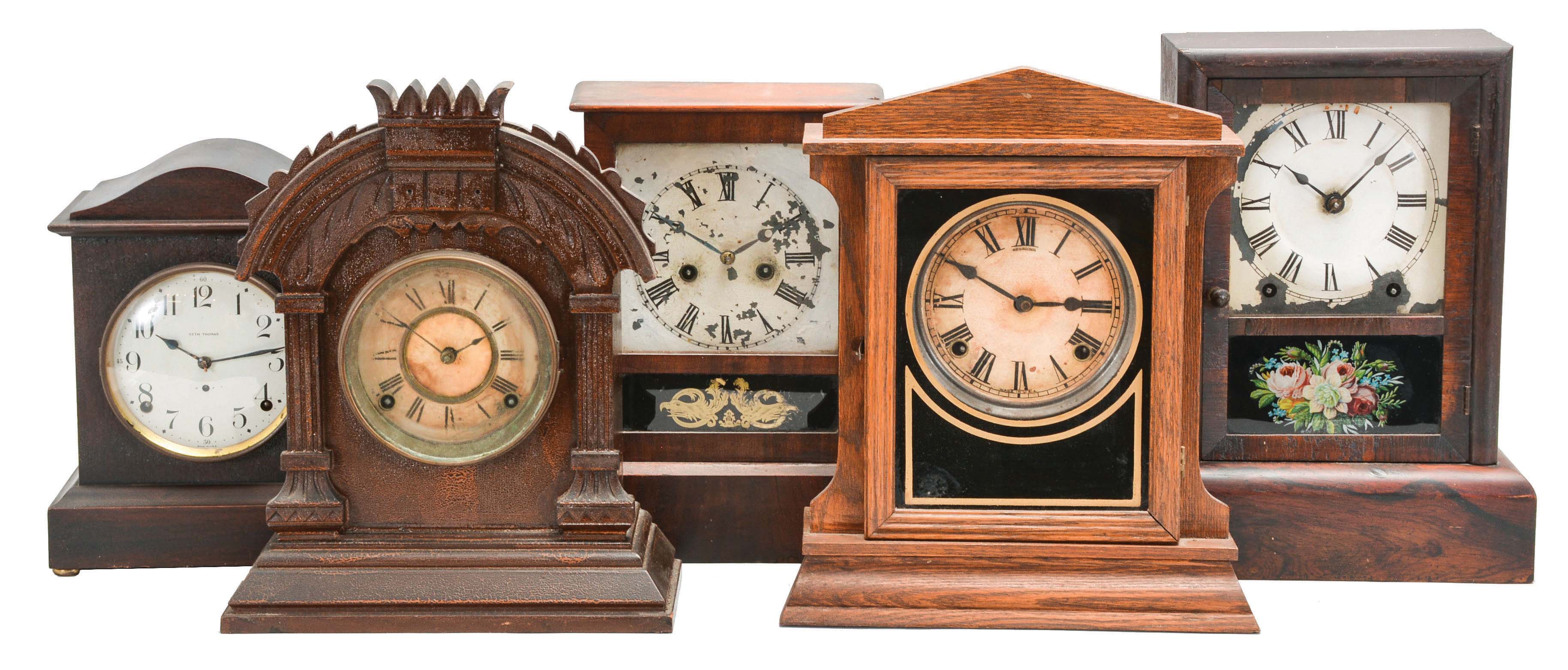 Clocks- 5 (Five) Connecticut Time & Strike Mantel: (1) Seth Thomas "Dana No. 3" time and strike mantel clock, c1913. (2) Ansonia "Tunis" cabinet clock, time and strike, c1894. (3) Seth Thomas "Cottage" mantel clock, 8 day, time and strike, c1909. (4) Sessions "Gable No. 1", 8 day, time and strike, c1932. (5) E.N. Welch "Cottage No.1", 30 hour, time and strike, c1880. — Antique Clocks Price Guide