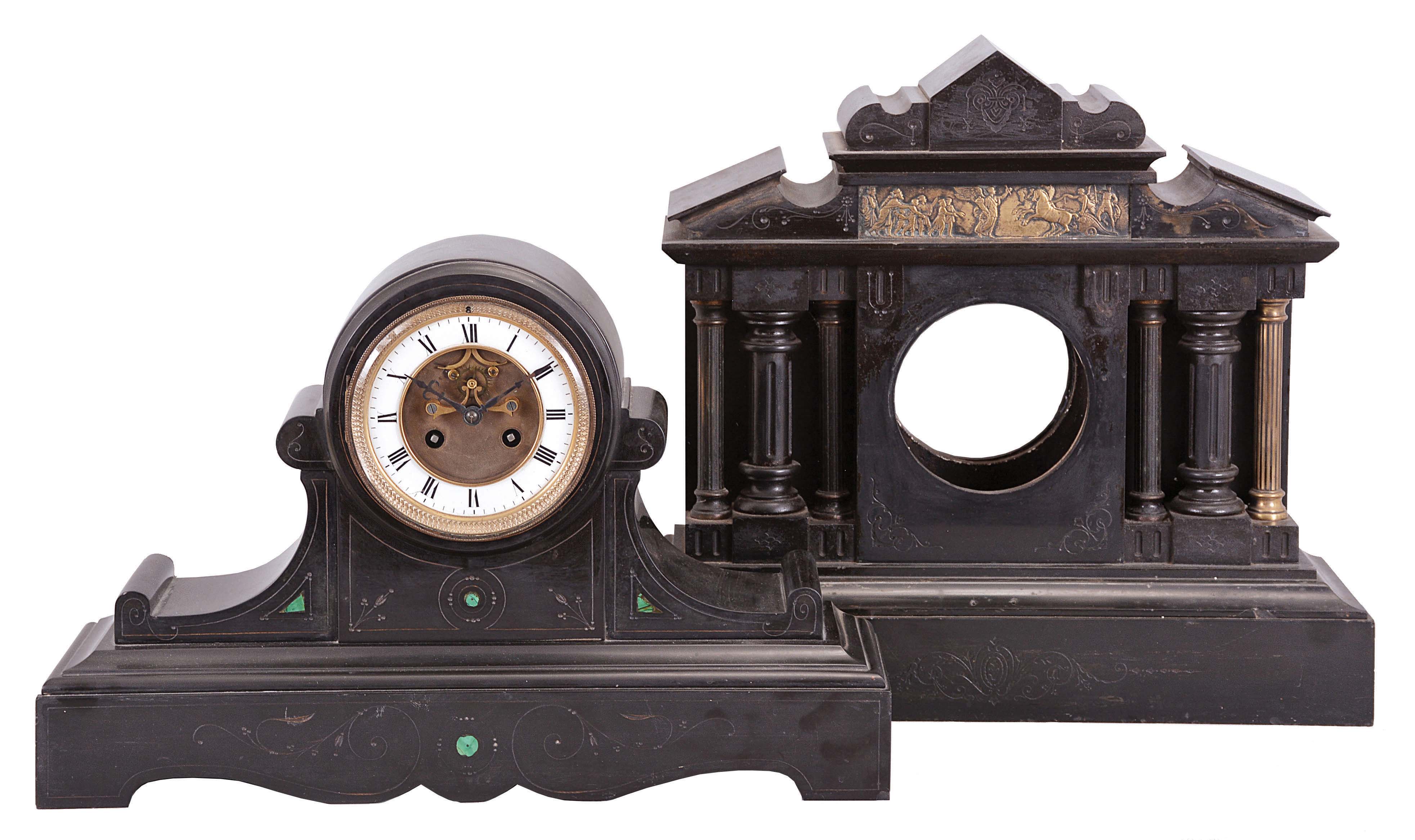 Clocks- 2 (Two) French Black Mantel: (1) H.P. & Co., Paris, black mantel clock, 8 day, time and bell strike, spring driven pendule de Paris movement with exposed Brocot escapement in a black slate tambour-form case with incised floral patterns and green malachite accents, white enamel dial ring with Roman numerals, and black Roman style steel hands, c1900. (2) France, clock case only, black slate architectural case with stepped, molded base, two sets of three fluted columns flanking the central opening for the dial, pediment with incised designs and low relief frieze depicting Alexander the Great making his triumphal return to Babylon, c1890. — Antique Clocks Price Guide
