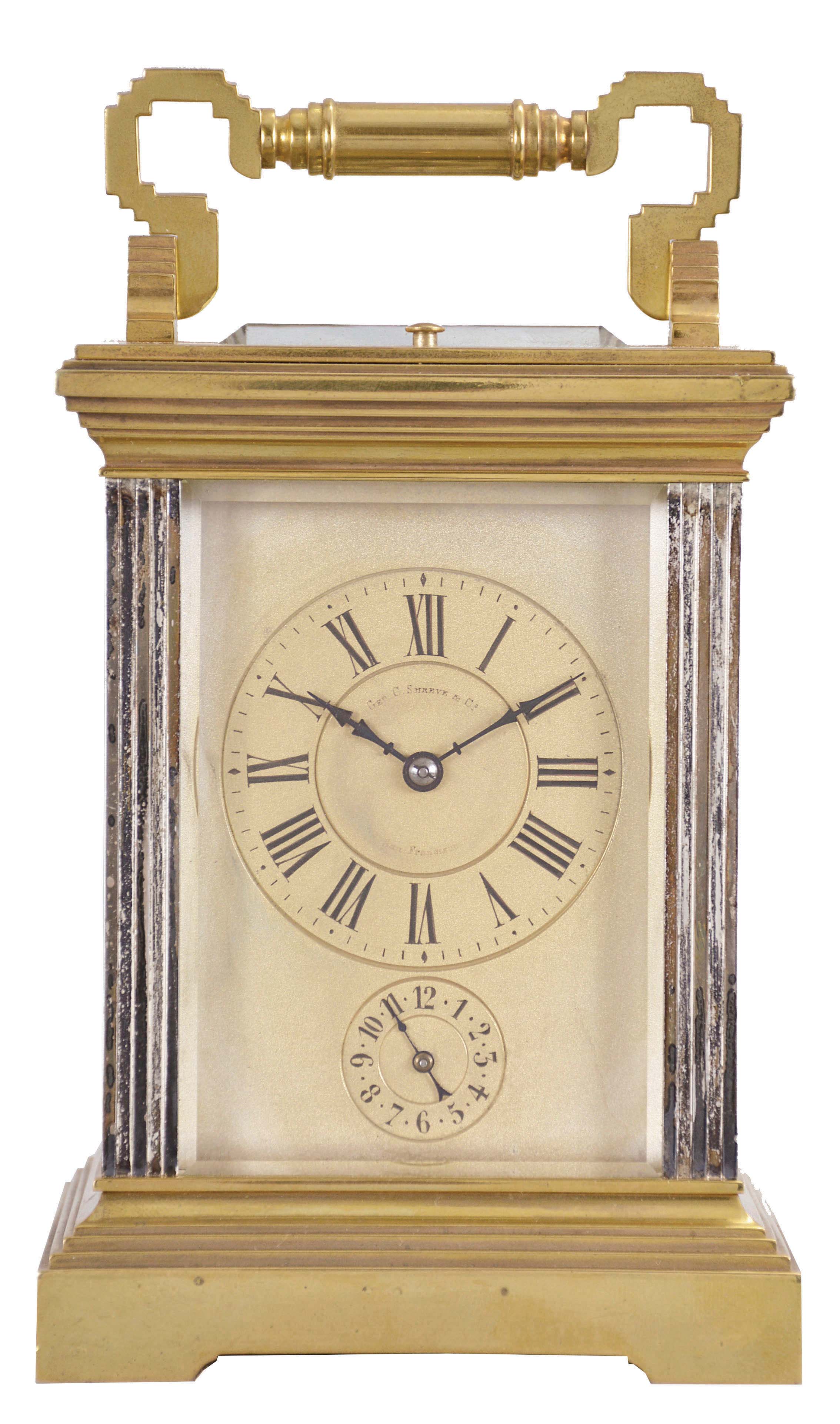France, for George C. Shreve & Co., San Francisco, a gilt and silvered, hour repeating carriage clock, the architectural case with stepped, molded base and cornice, five beveled glasses, roman numeral gilt dial with Arabic alarm chapter, blued steel distaff hands, 8 day, three train movement with lever platform, striking the hour and half hour in passing, and repeating the last hour on demand — Antique Clocks Price Guide