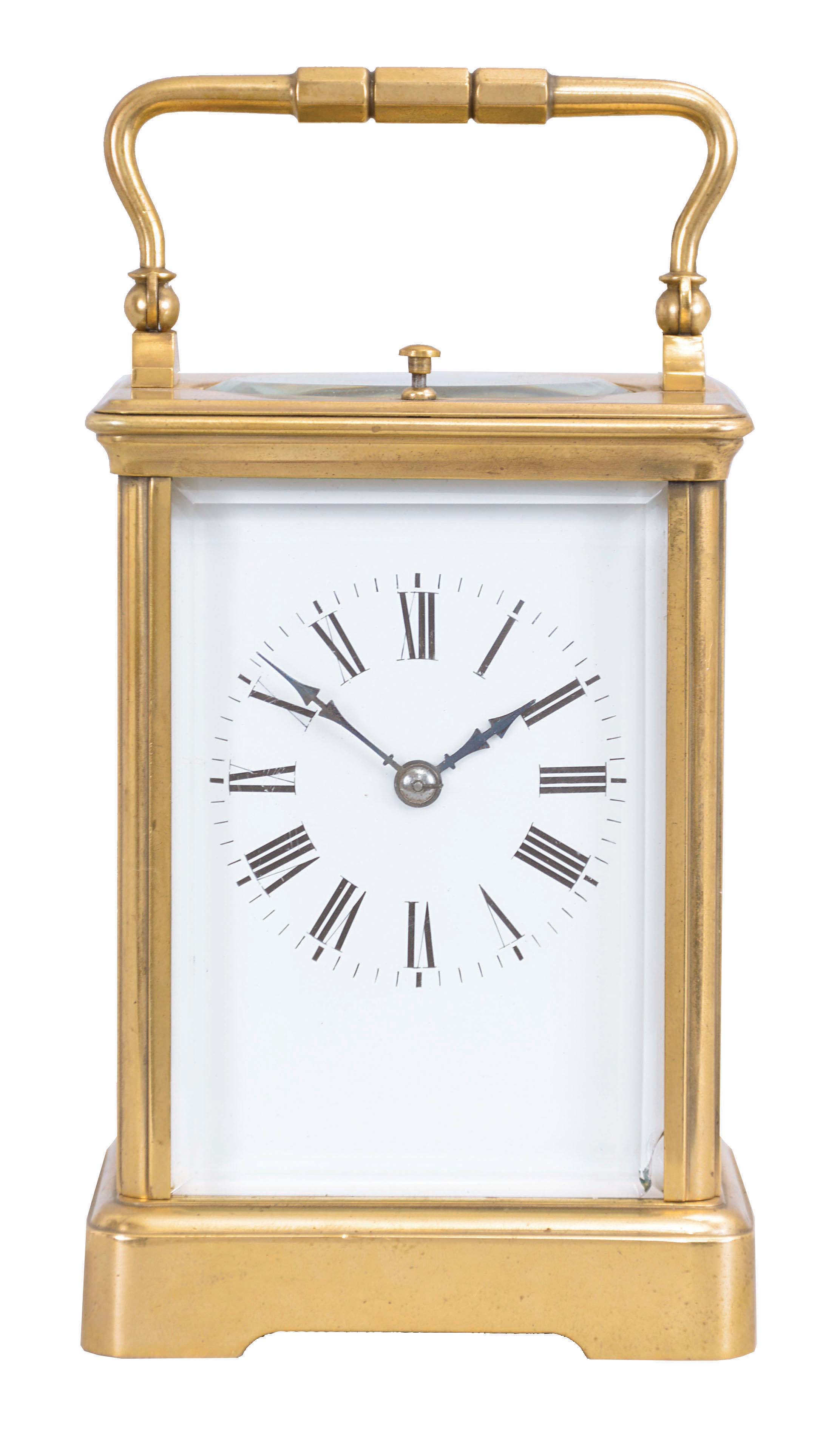 France, an unusual, five minute repeating carriage clock with single gong, gilt Corniche case with beveled glasses, Roman numeral white enamel dial, blued steel distaff hands, 8 day, time and strike movement with lever platform, counting the hours in passing, repeating the last hour when activated by top pusher, and repeating the last five minute interval through the pusher at case back — Antique Clocks Price Guide