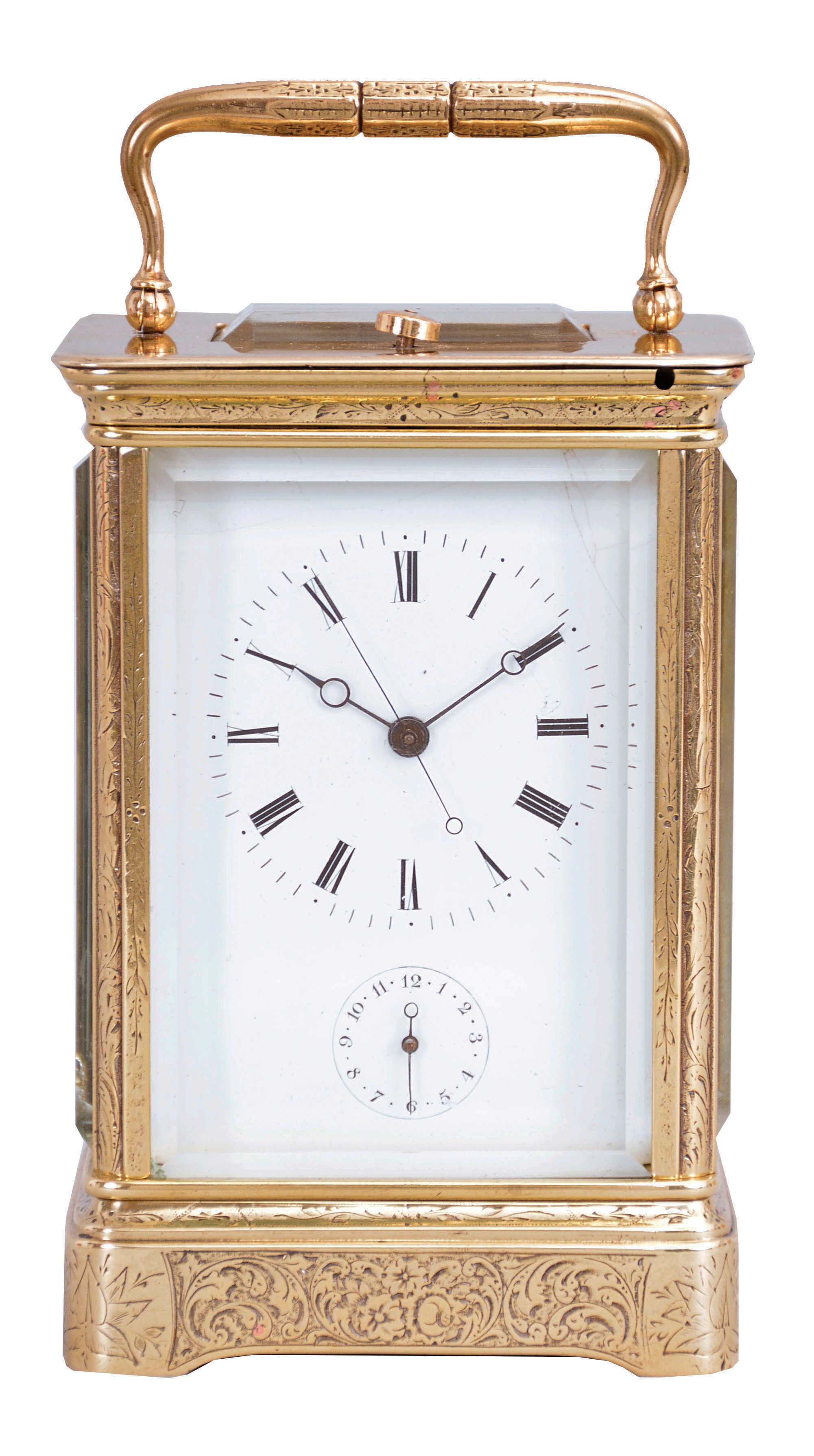 Japy Freres & Cie., an engraved, Corniche cased, hour repeating carriage clock with sweep seconds, the case replete with engraved floral and foliate ornament, Roman numeral white enamel dial with subsidiary, arabic numeral alarm chapter, three train brass movement with lever platform ornamented with Asian market style engraving, striking the hour and half hour in passing, and repeating the last hour on demand — Antique Clocks Price Guide