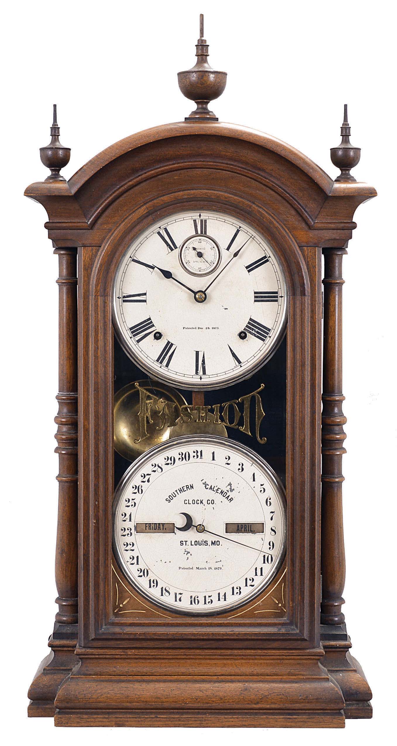 Southern Calendar Clock Co., St. Louis, Mo., "Fashion No. 4" shelf clock with a Seth Thomas spring driven, 8 day, time and strike movement and a R. T. Andrews perpetual calendar mechanism in a walnut case. — Antique Clocks Price Guide