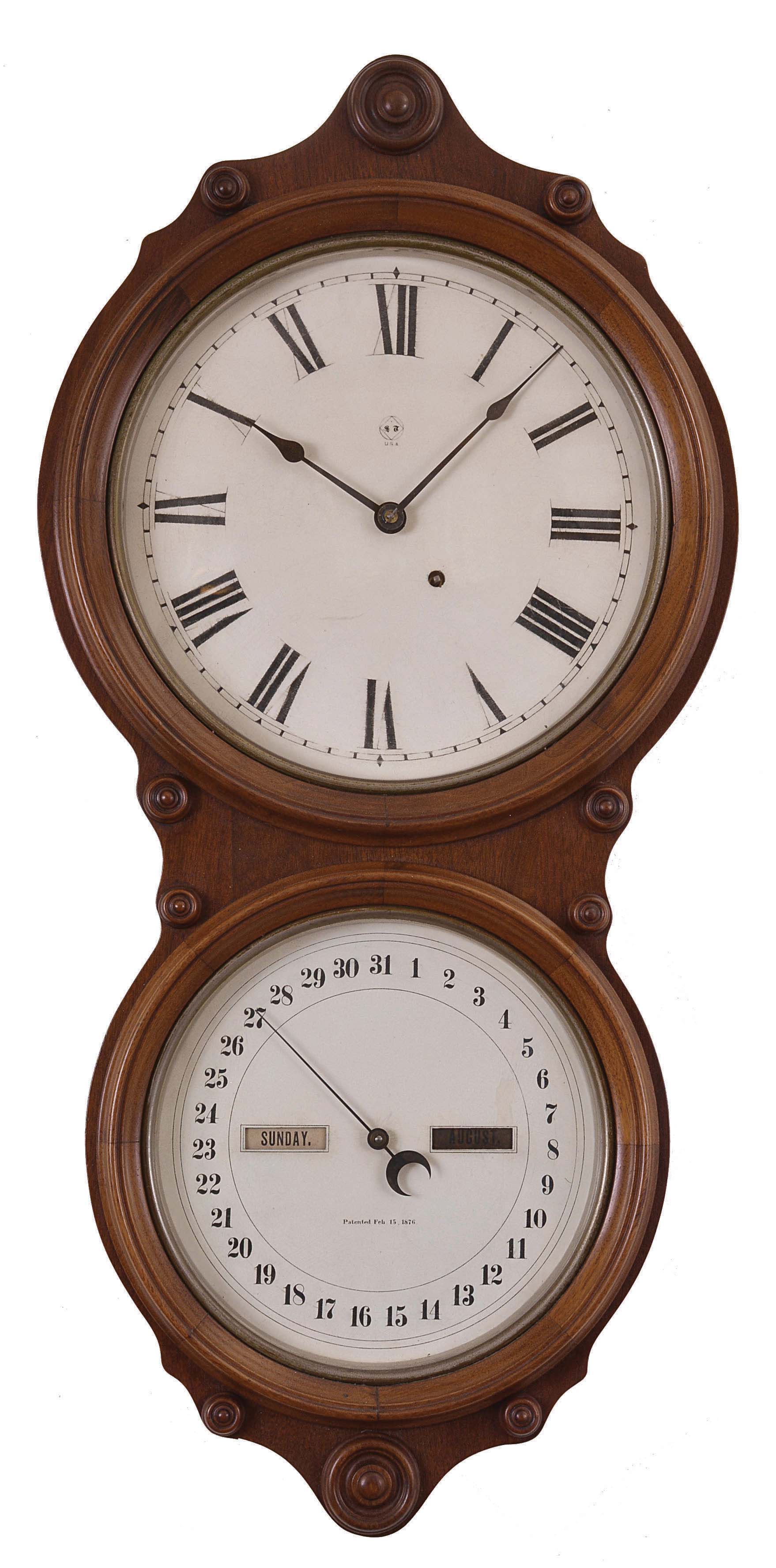 Seth Thomas Clock Co., Thomaston, Conn., "Office Calendar No. 6" hanging clock with a spring driven, 8 day, timepiece movement and a R. T. Andrews patented perpetual calendar mechanism in a walnut case. — Antique Clocks Price Guide