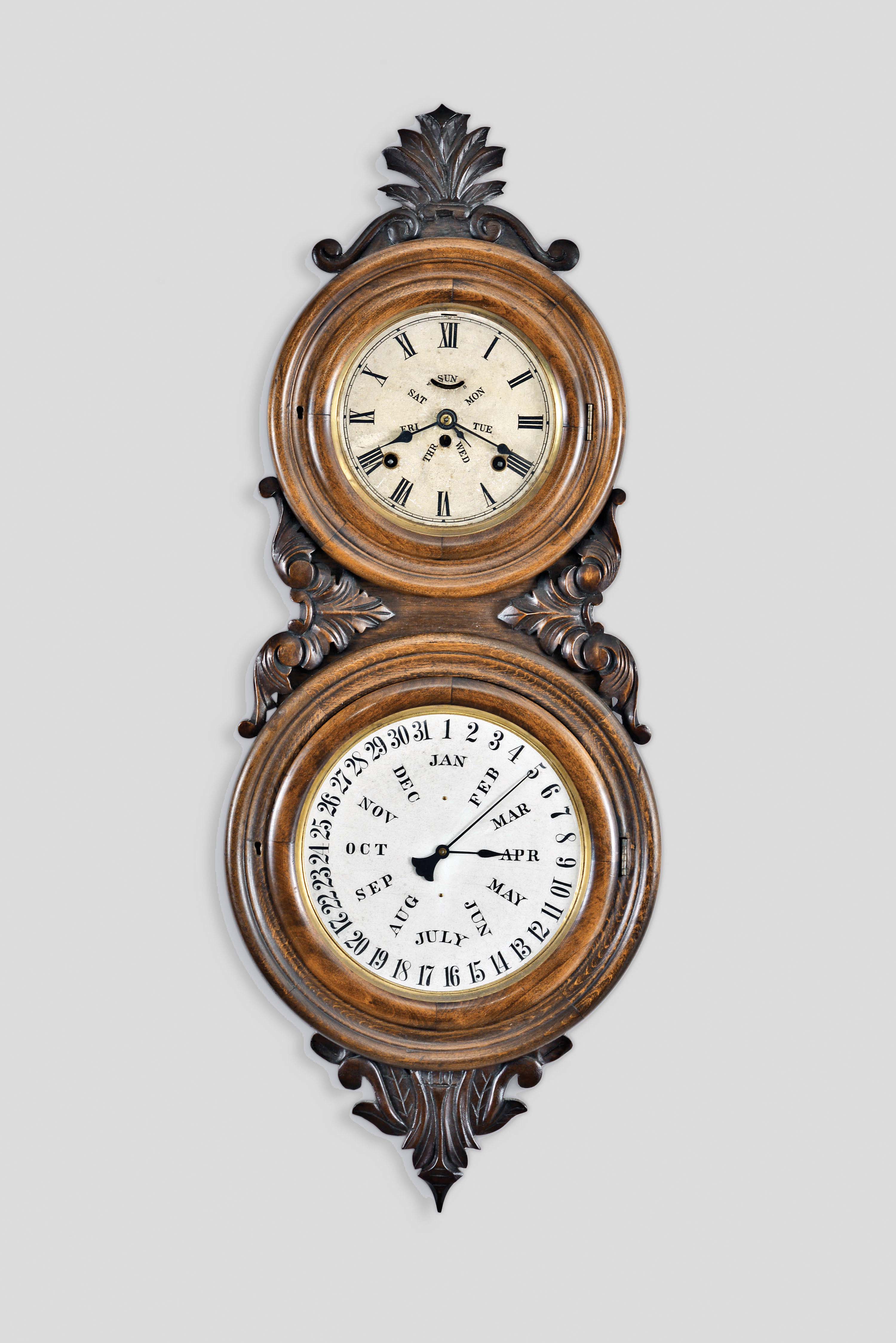 L. F. & W. W. Carter, Bristol, Conn., wall hanging clock with a double spring driven [perhaps 8 day, but likely 30-day] balance escapement timepiece movement by Laporte Hubbell, with a B. B. Lewis patented perpetual calendar mechanism in a rosewood veneered case. This is a rare model. — Antique Clocks Price Guide